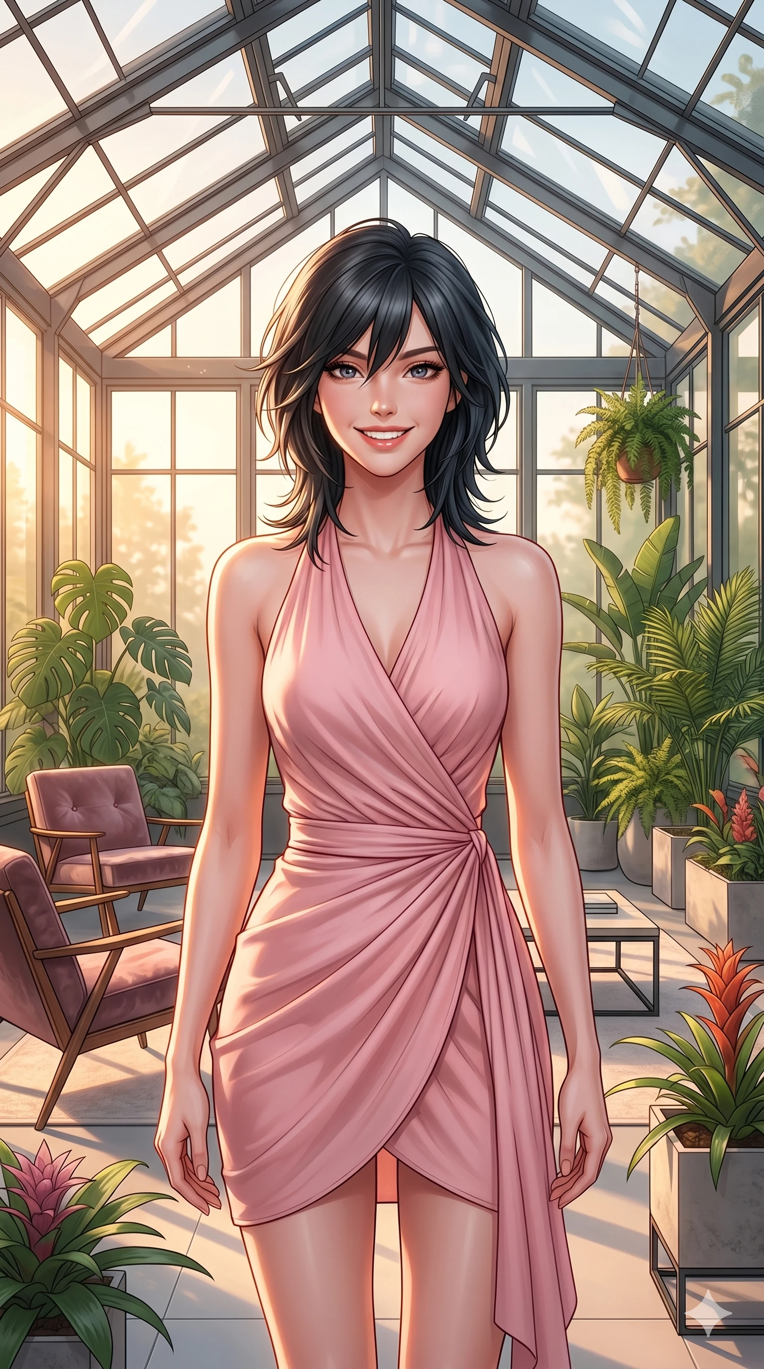score_9, masterpiece, best quality, ultra-detailed, high-budget anime keyframe, editorial fashion photography, tasteful artistic composition, Caucasian woman, strictly human ears. cowboy shot from the thighs up, character and outfit filling the frame for maximum editorial presence. looking at the camera with a bright, cheerful smile, her shoulders relaxed inside a modern glasshouse conservatory with high-end furniture. She has an absolutely perfect 8-heads proportion, an exceptionally tall and slender female figure with impossibly long slender legs and an ultra-slim waist. V-shaped jawline, high-bridge nose, intricate jewel-like eyes with depth, thick eyelashes, glossy lips with a natural sheen. wearing a soft pink wrap dress with a graceful halter neck and bare shoulders. drenched in warm golden hour light pouring through the glass, creating a soft glowing atmosphere. 2k, ultra detail, master piece, 9:16 ratio