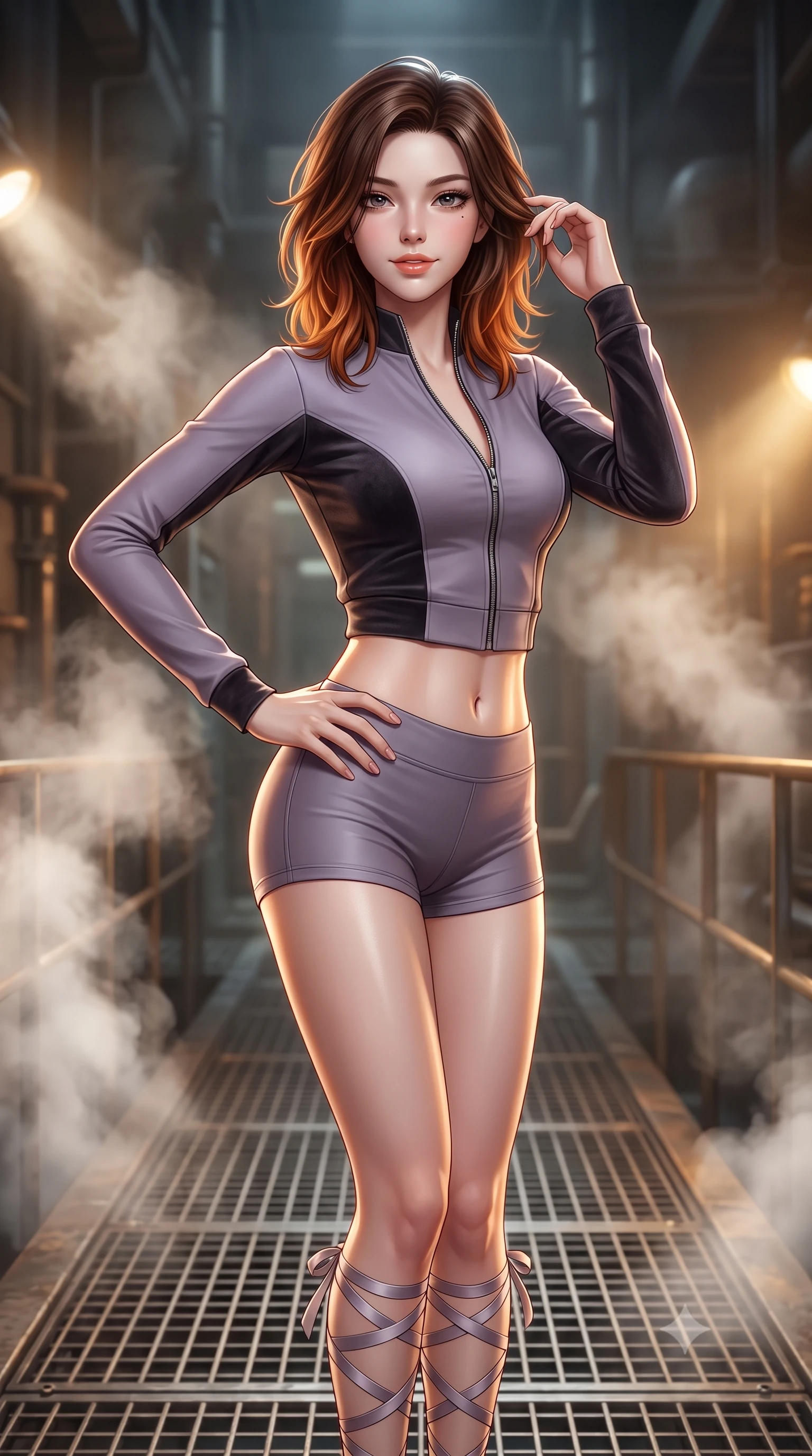 score_9, masterpiece, best quality, ultra-detailed, high-budget anime keyframe, semi-realistic 3D game render, editorial fashion photography, tasteful artistic composition, Korean woman. close-up cowboy shot from the waist and thighs up, the character dominates the composition, filling the frame with her large presence. twisting her slender torso in an alluring contrapposto stance, one hand resting on her sculpted hip while her fingers toy with her hair with effortless poise while standing poised on the industrial metal grating catwalk high above the silo chasm, arching her back with breathless operative glamour. The background shows a soft-focus deep silo shaft depths softened in industrial sci-fi shallow focus. She has an exceptionally elegant, slender, and willowy female figure with an ultra-slim waist, flat toned midriff, narrow ribcage, and sculpted feminine hips creating an alluring, slim hourglass silhouette without bulk. sharp v-shaped jawline, high-bridge nose, sparkling eyes with hypnotic seductive depth, thick curled eyelashes, glossy parted lips with a natural dewy peach sheen, alluring bedroom-eyes with an enchanting coquettish smile, exuding magnetic siren charisma and sophisticated glamour, flawlessly proportioned anatomical accuracy, strict slender model proportions, natural body alignment, perfectly sculpted long slender limbs, ultra-slim waistline, clean dynamic posture without body distortion. wearing a modern two-piece tactical siren set featuring a zip-front bolero jacket and curve-hugging compression hot-pants in dusky lavender mist and dark charcoal velvet, crafted from second-skin technical compression fabric with moisture-wicking stretch, finished with delicate satin ballet ribbon ties criss-crossing up her slender calves to the knee, the liquid-tight tailored fabric clinging flawlessly to her narrow waist and rounded feminine hips, emphasizing every millimeter of her sculpted slim hourglass curves without any bulky heaviness. bathed in warm halogen work-lights cutting through dramatic shafts of white pressurized steam. highly saturated vibrant anime colors, detailed shading with soft gradients, rich glossy textures, high-contrast stereoscopic depth, volumetric dynamic lighting, master piece, 9:16 ratio