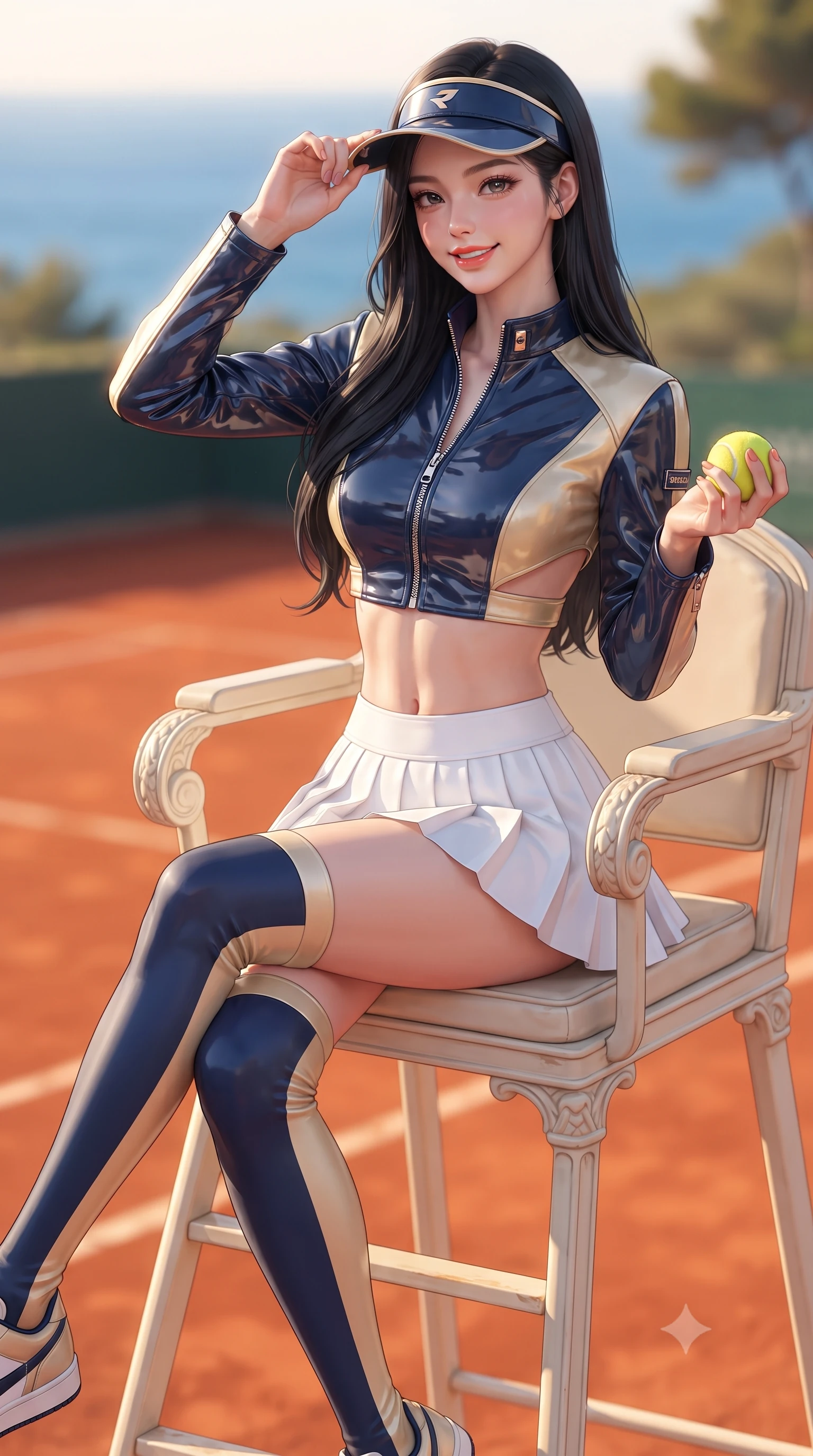 score_9, masterpiece, best quality, ultra-detailed, high-budget anime keyframe, editorial fashion photography, tasteful artistic composition, Korean woman. close-up cowboy shot from the waist and thighs up, the character dominates the composition, filling the frame with her large presence. tilting her head with a cute beaming smile while arching her spine with athletic poise, one hand adjusting her racing visor in a flirtatious S-curve while sitting gracefully on the clay court umpire chair with legs crossed, holding a tennis ball while flashing a playful, teasing smile with glossy lips. The background shows a soft-focus the vibrant terracotta red clay tennis courts and the sapphire Mediterranean Sea blurred into rich ochre, azure, and rose-gold bokeh. She has an exceptionally elegant, slender, and willowy female figure with an ultra-slim waist, flat toned midriff, narrow ribcage, and sculpted feminine hips creating an alluring, slim hourglass silhouette without bulk. sharp v-shaped jawline, high-bridge nose, sparkling eyes with athletic focus and depth, thick curled eyelashes, glossy parted lips with a natural coral-peach sheen, bright confident and coquettish smile with alluring bedroom-eyes, exuding both youthful sporty vigor and sovereign high-society glamour, flawlessly proportioned anatomical accuracy, strict slender model proportions, natural body alignment, perfectly sculpted long slender limbs, ultra-slim waistline, clean dynamic posture without body distortion. wearing a cropped zip-front racing leather bolero jacket paired with a micro-pleated white tennis mini-skirt and thigh-high sports socks in Monaco navy blue and cream champagne gold, made of high-gloss reflective patent leather with mirror-like specular highlights, finished with polished chrome zipper pulls and racing harness buckle hardware, the precision-cut side openings and low-back scoop framing her graceful spine and the sensual sweep of her slim, athletic hips. bathed in warm sunny afternoon light reflecting off the red clay surface and whitewashed club walls. ultra-reflective glossy finish, specular highlights, rich textural contrasts, high-contrast stereoscopic depth, volumetric dynamic lighting, 2k, ultra detail, master piece, 9:16 ratio