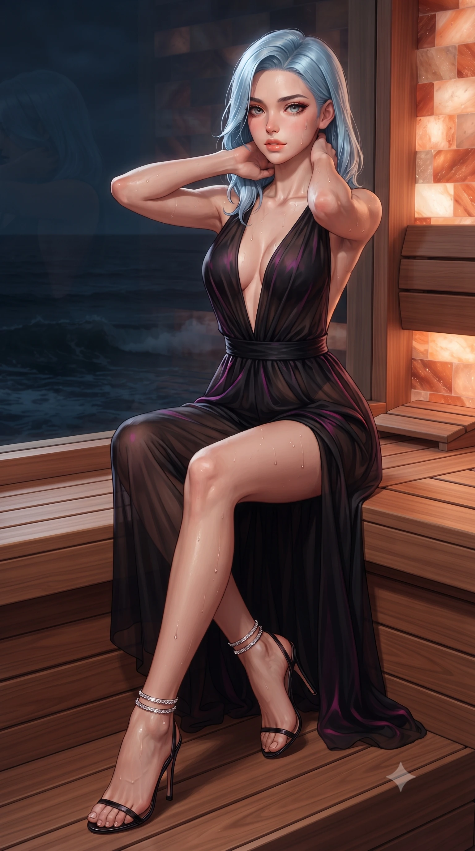 score_9, masterpiece, best quality, ultra-detailed, high-budget anime keyframe, editorial fashion photography, tasteful artistic composition, Korean woman. close-up cowboy shot from the waist and thighs up, the character dominates the composition, filling the frame with her large presence. resting both hands lightly behind her neck with elbows raised, arching her spine to highlight her narrow waist, flat midriff, and breathtaking collarbones while sitting poised on the warm cedar sauna bench with legs crossed, looking through the one-way glass wall at dark whispering ocean waves. The surrounding environment is rendered in vivid detail and crisp panoramic clarity: sharp crystal salt brick textures, smooth western red cedar grain, and glistening perspiration beads on toned skin in deep focus. She has an exceptionally elegant, slender, and willowy female figure with an ultra-slim waist, flat toned midriff, narrow ribcage, and sculpted feminine hips creating an alluring, slim hourglass silhouette without bulk. sharp v-shaped jawline, high-bridge nose, sparkling eyes with hypnotic seductive depth, thick curled eyelashes, glossy parted lips with a natural dewy peach sheen, alluring bedroom-eyes with an enchanting coquettish smile, exuding magnetic siren charisma and sophisticated glamour, flawlessly proportioned anatomical accuracy, strict slender model proportions, natural body alignment, perfectly sculpted long slender limbs, ultra-slim waistline, clean dynamic posture without body distortion. wearing a backless plunge-front silk satin jumpsuit with fluid wide-leg silhouette and side hip cutouts in wet-look onyx black with electric magenta reflections, made of sheer gossamer chiffon that drapes softly against skin with airy translucence, complemented by strappy stiletto sandals with crystal ankle wraps accentuating her slender calves, the form-contouring silhouette accentuating her sculpted flat midriff, narrow delicate ribcage, and gracefully curvy hips with intoxicating allure. illuminated by cedar wood bounce and sharp rose-gold rim lights defining her delicate clavicles, ultra-slim waist, and curvy hips. ultra-reflective glossy finish, specular highlights, rich textural contrasts, high-contrast stereoscopic depth, volumetric dynamic lighting, 2k, ultra detail, master piece, 9:16 ratio