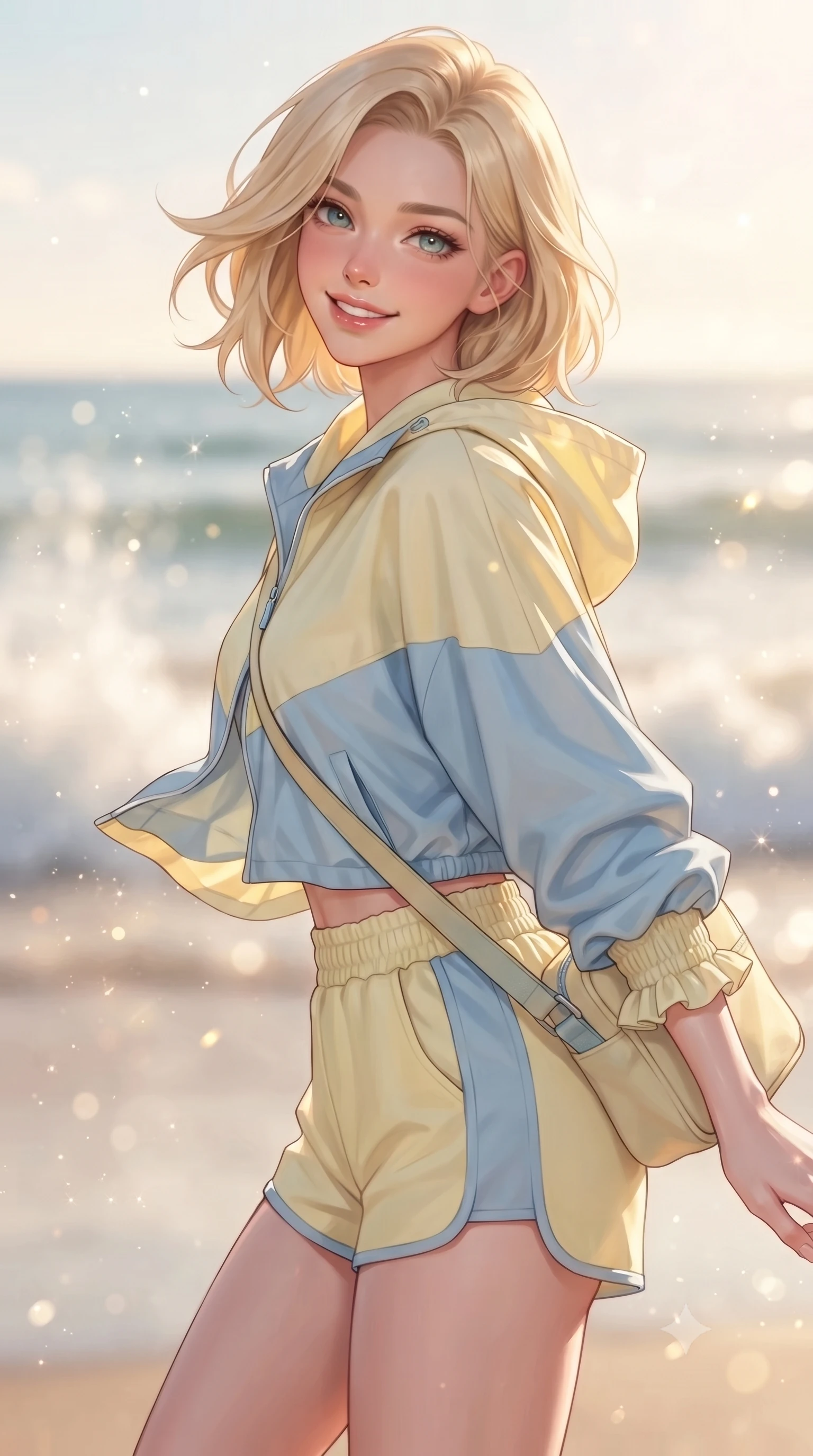 score_9, masterpiece, best quality, ultra-detailed, high-budget anime keyframe, editorial fashion photography, tasteful artistic composition, Caucasian woman. close-up cowboy shot from the waist and thighs up, the character dominates the composition, filling the frame with her large presence. smiling warmly with slightly parted glossy lips and a lovely expression, her upper body turning dynamically toward the camera while turning playfully as salty sea breezes flutter her dress hem and hair, exuding pure refreshing youthfulness. The composition keeps background elements in soft focus with creamy bokeh. warm beach sunlight refracting off ocean spray mist scattering shimmering light motes. She has an exceptionally elegant, slender, and willowy female figure with an ultra-slim waist, a gracefully sculpted slender torso, toned flat midriff, and a refined slim silhouette. sharp v-shaped jawline, high-bridge nose, intricate jewel-like eyes with depth, thick eyelashes, glossy lips with a natural sheen, pure and lovely fresh girlhood expression, flawlessly proportioned anatomical accuracy, strict slender model proportions, natural body alignment, perfectly sculpted long slender limbs, ultra-slim waistline, clean dynamic posture without body distortion. wearing a cute sporty pastel windbreaker paired with high-waisted active shorts and a canvas crossbody bag in sunny daffodil yellow and french blue, made of comfortable premium stretch denim and airy cotton-jersey, accented with soft smocked elastic details and ruffled cuff trims, the tailored casual silhouette highlighting her fresh and youthful presence and perfectly proportioned slender frame. surrounded by a refreshing, breezy, and irresistibly vibrant coastal sweetheart aura. ultra-reflective glossy finish, specular highlights, rich natural textures, high-contrast stereoscopic depth, volumetric dynamic lighting, 2k, ultra detail, master piece, 9:16 ratio