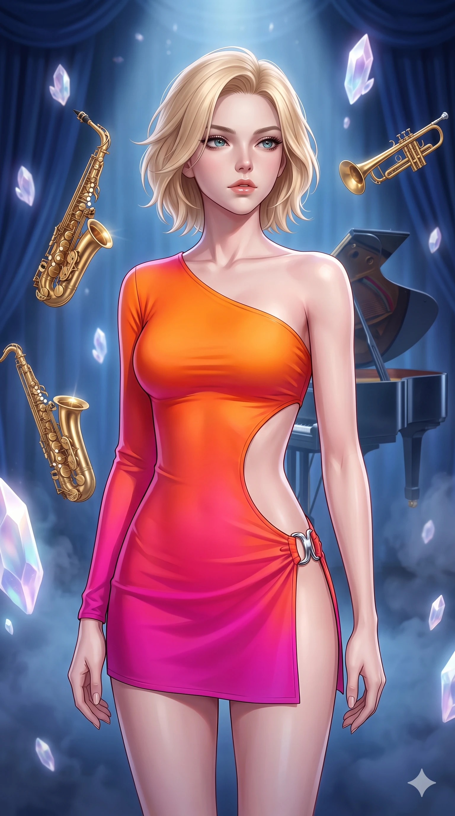 score_9, masterpiece, best quality, ultra-detailed, high-budget anime keyframe, editorial fashion photography, tasteful artistic composition, Caucasian woman, strictly human ears. close-up cowboy shot from the waist and thighs up, the character dominates the composition, filling the frame with her large presence, background elements kept in soft focus. Gazing past the camera with an air of effortless superiority. set against a soft-focus background of commanding the spotlight on a velvet-curtained jazz club stage surrounded by floating brass saxophones and trumpets that gleam in the smoky blue atmosphere with a grand piano hovering behind her. She has an exceptionally elegant and slender, willowy female figure with an ultra-slim waist, a gracefully sculpted slender torso, and a refined slim physique. sharp v-shaped jawline, high-bridge nose, intricate jewel-like eyes with depth, thick eyelashes, glossy lips with a natural sheen. wearing an asymmetric one-sleeve mini dress in a bright orange and fuchsia gradient, with a dramatic side cutout and chrome buckle detailing. ethereal pearlescent light emanating from floating crystalline formations all around. 2k, ultra detail, master piece, 9:16 ratio
