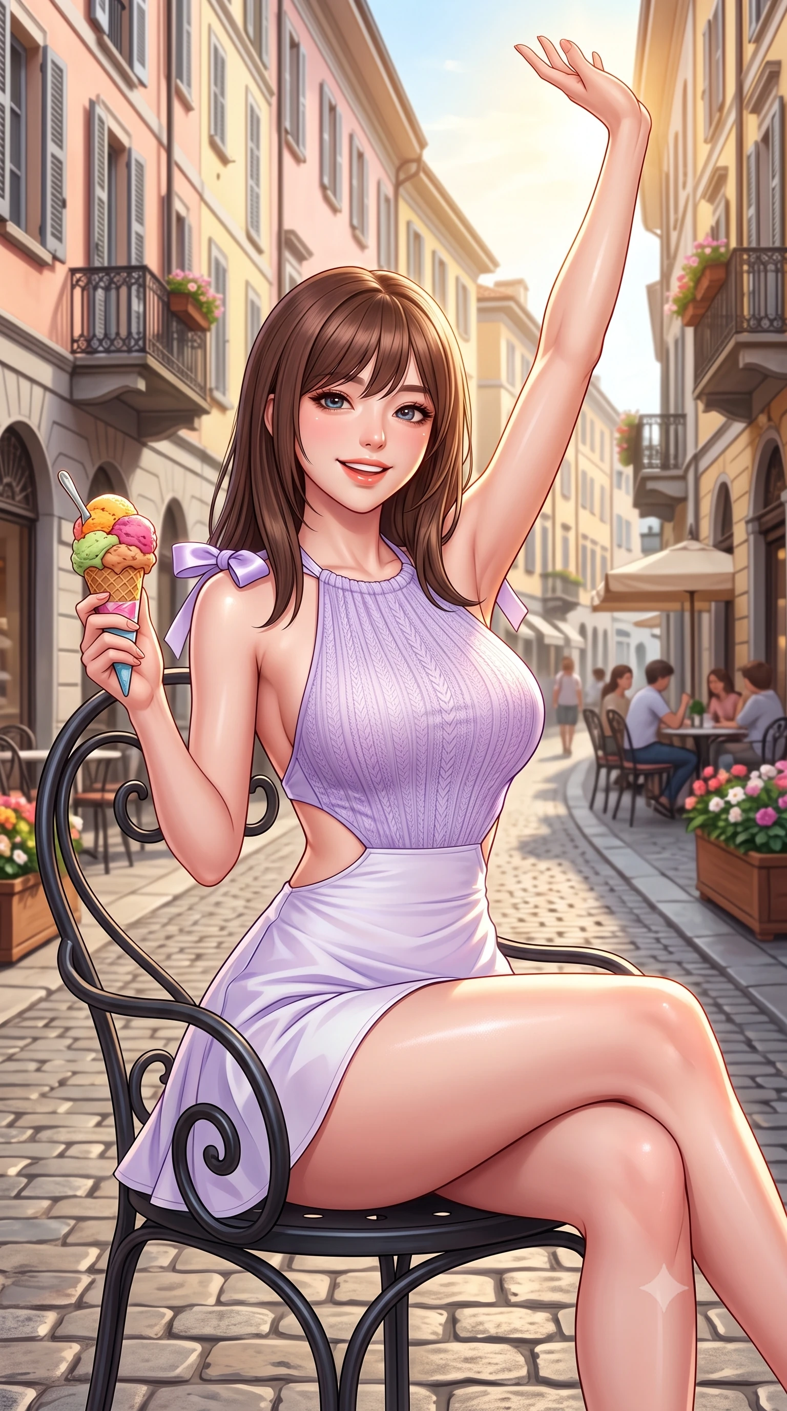 score_9, masterpiece, best quality, ultra-detailed, high-budget anime keyframe, semi-realistic 3D game render, editorial fashion photography, tasteful artistic composition, Korean woman. close-up cowboy shot from the waist and thighs up, the character dominates the composition, filling the frame with her large presence. playfully stretching one arm overhead toward the sun, her radiant smile capturing fresh girlhood charm while her arched torso reveals an intoxicating hip contour while sitting perched on a wrought-iron patio chair holding a colorful artisanal gelato cone, arching her back with a delightfully cute, playful smile. The surrounding environment is rendered in vivid detail and crisp panoramic clarity. detailed knit top drape, sunlight specular sheen on skin, and Brera street architecture in high resolution. She has an exceptionally elegant, slender, and willowy female figure with an ultra-slim waist, flat toned midriff, narrow ribcage, and sculpted feminine hips creating an alluring, slim hourglass silhouette without bulk. sharp v-shaped jawline, high-bridge nose, intricate jewel-like sparkling eyes with depth, thick eyelashes, glossy parted lips with a natural peach sheen, bright cheerful beaming smile with an enchanting and coquettish sensual glint, exuding both youthful cute charm and seductive allure, flawlessly proportioned anatomical accuracy, strict slender model proportions, natural body alignment, perfectly sculpted long slender limbs, ultra-slim waistline, clean dynamic posture without body distortion. wearing a backless pastel halter sundress with side-waist diamond cutouts and an ultra-fitted hip-hugging silhouette in delicate lavender violet and pearlescent white, tailored from crisp cotton poplin with clean structural lines, finished with cute satin bow ribbons tying at the shoulders, the high-waisted tailoring accentuating her ultra-slim waistline and the enchanting curve of her feminine hips with alluring charm. bathed in warm golden afternoon Italian sunlight reflecting off pastel building facades. highly saturated vibrant anime colors, detailed shading with soft gradients, rich glossy textures, high-contrast stereoscopic depth, volumetric dynamic lighting, master piece, 9:16 ratio