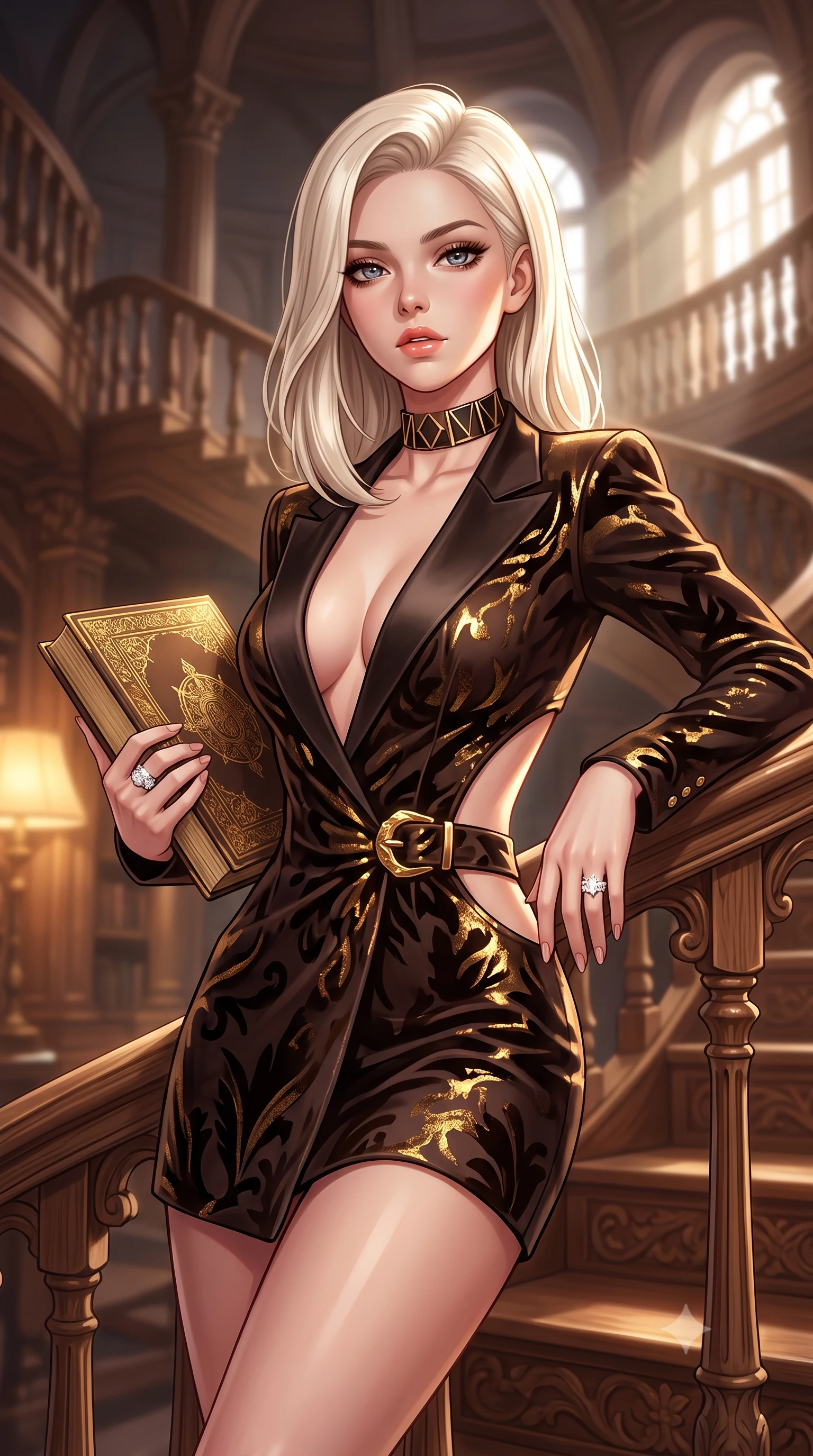 score_9, masterpiece, best quality, ultra-detailed, high-budget anime keyframe, semi-realistic 3D game render, editorial fashion photography, tasteful artistic composition, Caucasian woman. close-up cowboy shot from the waist and thighs up, the character dominates the composition, filling the frame with her large presence. leaning back with relaxed seductive grace, her sculpted collarbones and narrow waist highlighted as she casts smoldering bedroom-eyes directly into the camera while leaning back against the carved oak spiral staircase with hips cocked, holding a gold-embossed grimoire while casting smoldering bedroom-eyes. The composition keeps background elements in soft focus with creamy bokeh. towering spiral staircases and gallery balustrades softened in atmospheric shallow focus. She has an exceptionally elegant, slender, and willowy female figure with an ultra-slim waist, flat toned midriff, narrow ribcage, and sculpted feminine hips creating an alluring, slim hourglass silhouette without bulk. sharp v-shaped jawline, high-bridge nose, intricate jewel-like eyes with depth, thick eyelashes, glossy parted lips with a natural sheen, intensely captivating and seductive bedroom-eyes expression, flawlessly proportioned anatomical accuracy, strict slender model proportions, natural body alignment, perfectly sculpted long slender limbs, ultra-slim waistline, clean dynamic posture without body distortion. wearing a tailored velvet tuxedo jacket dress with satin lapels, worn with a deep plunge neckline and gold hip buckle in dark espresso brown and molten gold foil, made of sheer contouring power-mesh with velvet flocking patterns, complemented by a bold geometric choker and sparkling cocktail ring, the precision-cut side openings and low-back scoop framing her graceful spine and the sensual sweep of her slim, toned hips. bathed in warm incandescent reading lamp glow and dramatic shafts of daylight from arched windows. highly saturated vibrant anime colors, detailed shading with soft gradients, rich glossy textures, high-contrast stereoscopic depth, volumetric dynamic lighting, master piece, 9:16 ratio