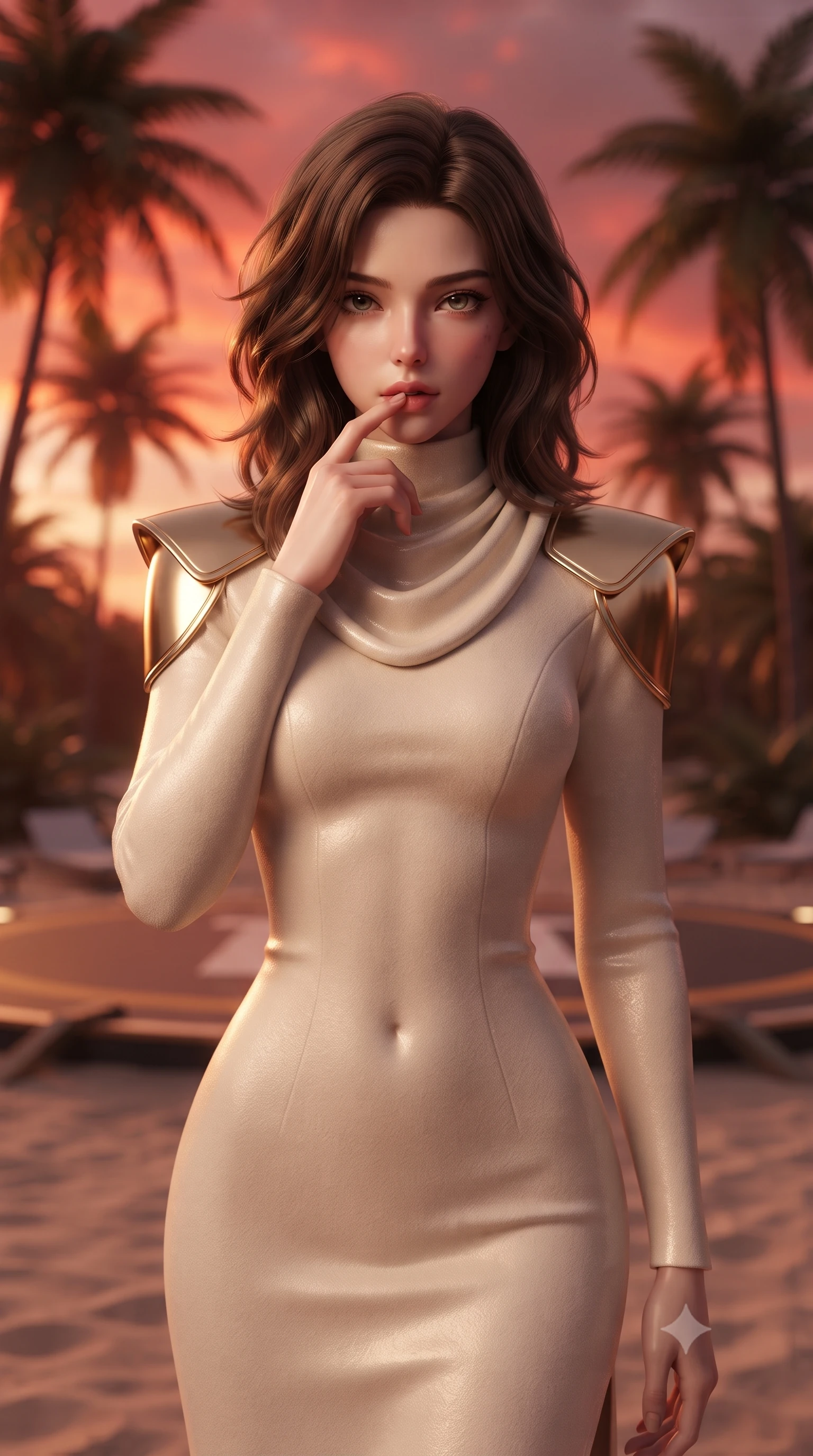 score_9, masterpiece, best quality, ultra-detailed, high-budget anime keyframe, editorial fashion photography, tasteful artistic composition, Korean woman. close-up cowboy shot from the waist and thighs up, the character dominates the composition, filling the frame with her large presence, background elements kept in soft focus. pressing one finger to her bottom lip in a thoughtful, seductive gesture under the warm sun the background shows a soft-focus a secluded beach resort helipad surrounded by tall palm trees at sunset. She has an exceptionally elegant, slender, and willowy female figure with an ultra-slim waist, a gracefully sculpted slender torso, and a refined silhouette. sharp v-shaped jawline, high-bridge nose, intricate jewel-like eyes with depth, thick eyelashes, glossy lips with a natural sheen. wearing a tailored elegant galactic senate gown in cream cashmere, featuring structured metallic gold shoulder guards and a high-neck drape. the warm red and orange sunset sky casting a dramatic glow over the sands. ultra-reflective glossy finish, specular highlights, metallic sheen, high-contrast stereoscopic depth, volumetric dynamic lighting, 2k, ultra detail, master piece, 9:16 ratio
