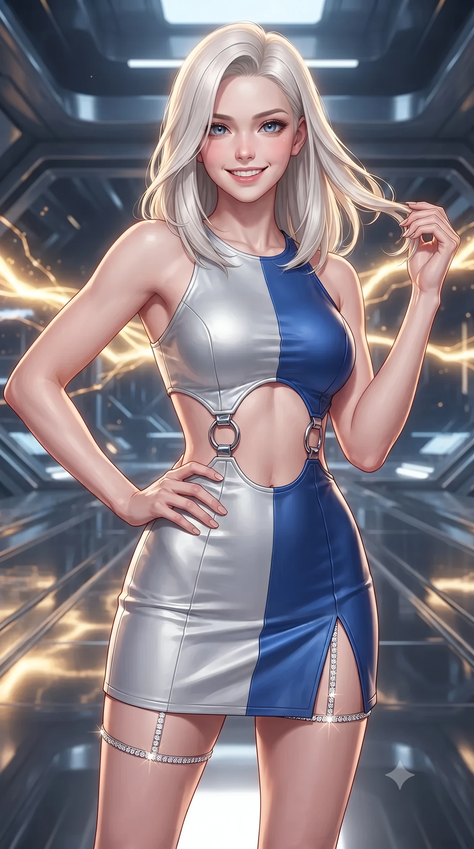 score_9, masterpiece, best quality, ultra-detailed, high-budget anime keyframe, editorial fashion photography, tasteful artistic composition, Caucasian woman. close-up cowboy shot from the waist and thighs up, the character dominates the composition, filling the frame with her large presence. twisting her slender torso in an alluring contrapposto stance, one hand resting on her sculpted hip while her fingers toy with her hair with effortless poise while twisting her slender torso in an alluring contrapposto stance, blinding solar flare coronas casting golden brilliance across her narrow waist and curvy hips. The surrounding environment is rendered in vivid detail and crisp panoramic clarity: sharp seamless titanium frame seams, perfect liquid mercury surface reflections, and solar flare magnetic arc filaments in deep focus. She has an exceptionally elegant, slender, and willowy female figure with an ultra-slim waist, flat toned midriff, narrow ribcage, and sculpted feminine hips creating an alluring, slim hourglass silhouette without bulk. sharp v-shaped jawline, high-bridge nose, intricate jewel-like sparkling eyes with depth, thick eyelashes, glossy parted lips with a natural peach sheen, bright cheerful beaming smile with an enchanting and coquettish sensual glint, exuding both youthful cute charm and seductive allure, flawlessly proportioned anatomical accuracy, strict slender model proportions, natural body alignment, perfectly sculpted long slender limbs, ultra-slim waistline, clean dynamic posture without body distortion. wearing a provocative open-waist cutout mini dress framed by polished chrome hardware and thigh-high slit in Shackleton lunar ice silver and Earthrise cobalt, woven from buttery-soft stretch lambskin leather adhering to her body like a second skin, finished with delicate crystal-encrusted thigh garter straps glinting in the dim light, the second-skin tailored fabric adhering flawlessly to her sculpted flat midriff and slender torso, emphasizing her long leg lines and perfectly proportioned willowy build. illuminated by floor panel reflection bounce and intense solar-gold rim lights defining her razor-sharp jawline, narrow waist, and curvy hips. ultra-reflective glossy finish, specular highlights, rich textural contrasts, high-contrast stereoscopic depth, volumetric dynamic lighting, 2k, ultra detail, master piece, 9:16 ratio