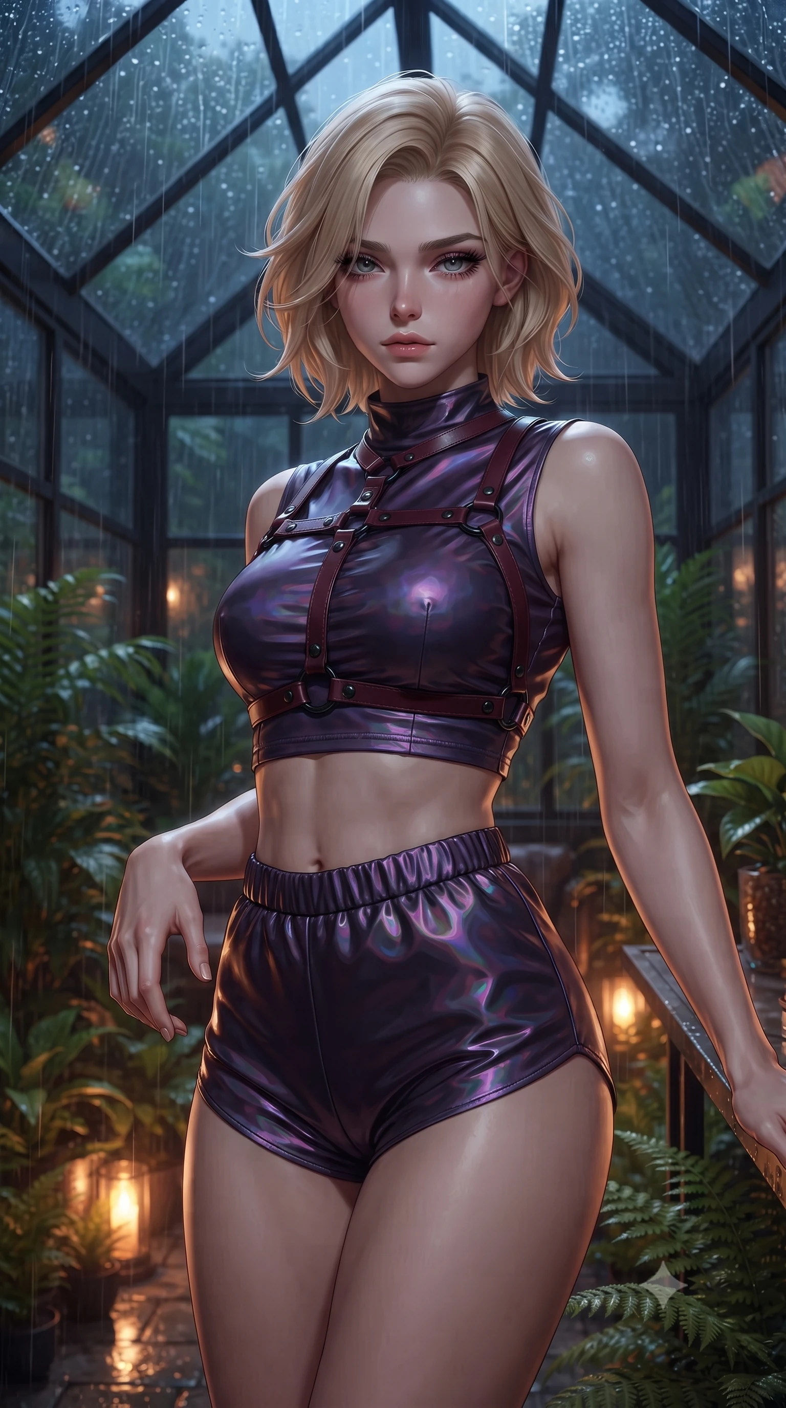 score_9, masterpiece, best quality, ultra-detailed, high-budget anime keyframe, editorial fashion photography, tasteful artistic composition, Caucasian woman. close-up cowboy shot from the waist and thighs up, the character dominates the composition, filling the frame with her large presence, background elements kept in soft focus. Casting a slow, direct gaze beneath heavy lashes with quiet intensity, inside a private greenhouse lounge at 2 AM as torrential rain hits the glass roof, cozy yet intensely alluring nocturnal greenhouse atmosphere. She has an exceptionally elegant, slender, and willowy female figure with an ultra-slim waist, a gracefully sculpted slender torso, and a refined silhouette. sharp v-shaped jawline, high-bridge nose, intricate jewel-like eyes with depth, thick eyelashes, glossy lips with a natural sheen. wearing high-cut micro-shorts and crop top set with dark leather harness in deep crimson burgundy, made of iridescent dark violet taffeta, adorned with minimalist black onyx hardware framing the silhouette, sculpting her athletic slender build with refined precision. illuminated by warm amber floor lights filtering through tropical greenery. ultra-reflective glossy finish, specular highlights, metallic sheen, high-contrast stereoscopic depth, volumetric dynamic lighting, 2k, ultra detail, master piece, 9:16 ratio