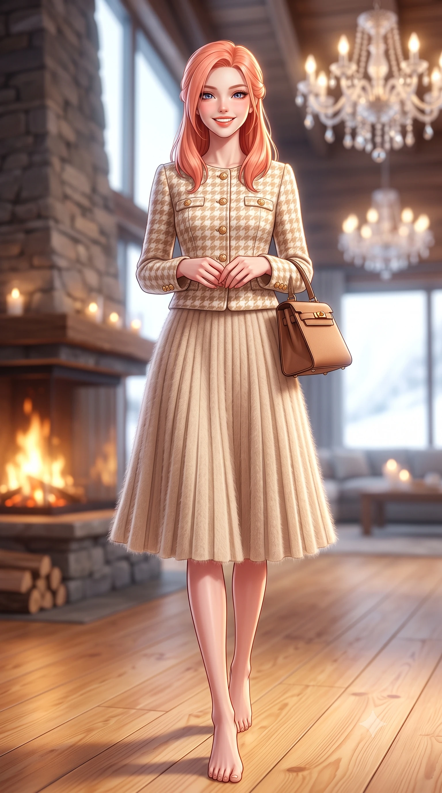 score_9, masterpiece, best quality, ultra-detailed, high-budget anime keyframe, semi-realistic 3D game render, editorial fashion photography, tasteful artistic composition, Japanese woman. low angle full-body shot from head to toe showing her feet, filling the entire 9:16 vertical frame with her statuesque presence, stretching her vertical silhouette. standing poised beside the classical stone balustrade with one foot slightly forward, hands folded loosely before her with regal grace while walking across the honey-toned pine floor toward the panoramic window, her chunky cable-knit sweater accentuating her slender waistline. The background shows a soft-focus crackling pinewood fire and crystal chandeliers softened in ultra-luxury Engadin winter sanctuary shallow focus. She has an exceptionally tall and slender model-like 8.5-heads proportion, an ultra-slim waist, a flat toned midriff, narrow delicate ribcage, and beautifully sculpted feminine hips creating a graceful, slim hourglass silhouette without any bulky heaviness, with impossibly long slender legs. sharp v-shaped jawline, high-bridge nose, intricate jewel-like sparkling eyes with depth, thick eyelashes, glossy parted lips with a natural peach sheen, bright cheerful beaming smile with an enchanting and coquettish sensual glint, exuding both youthful cute charm and seductive allure, flawlessly proportioned anatomical accuracy, strict slender model proportions, natural body alignment, perfectly sculpted long slender limbs, ultra-slim waistline, clean dynamic posture without body distortion. wearing a structured houndstooth tweed jacket with gold embossed buttons and a matching pleated A-line midi skirt in soft champagne ivory and warm biscuit beige, woven from plush alpaca yarn with a cloud-like fuzzy texture and soft halo, finished with a structured leather top-handle mini bag resting gracefully at her side, the expertly draped wool fabric falling in crisp fluid lines along her tall 8.5-heads silhouette, celebrating her slender frame without excess fabric bulk. illuminated by brilliant snow reflection fill and sharp ice-crystal rim lights defining her razor-sharp jawline and tall slender frame. highly saturated vibrant anime colors, detailed shading with soft gradients, rich glossy textures, high-contrast stereoscopic depth, volumetric dynamic lighting, master piece, 9:16 ratio