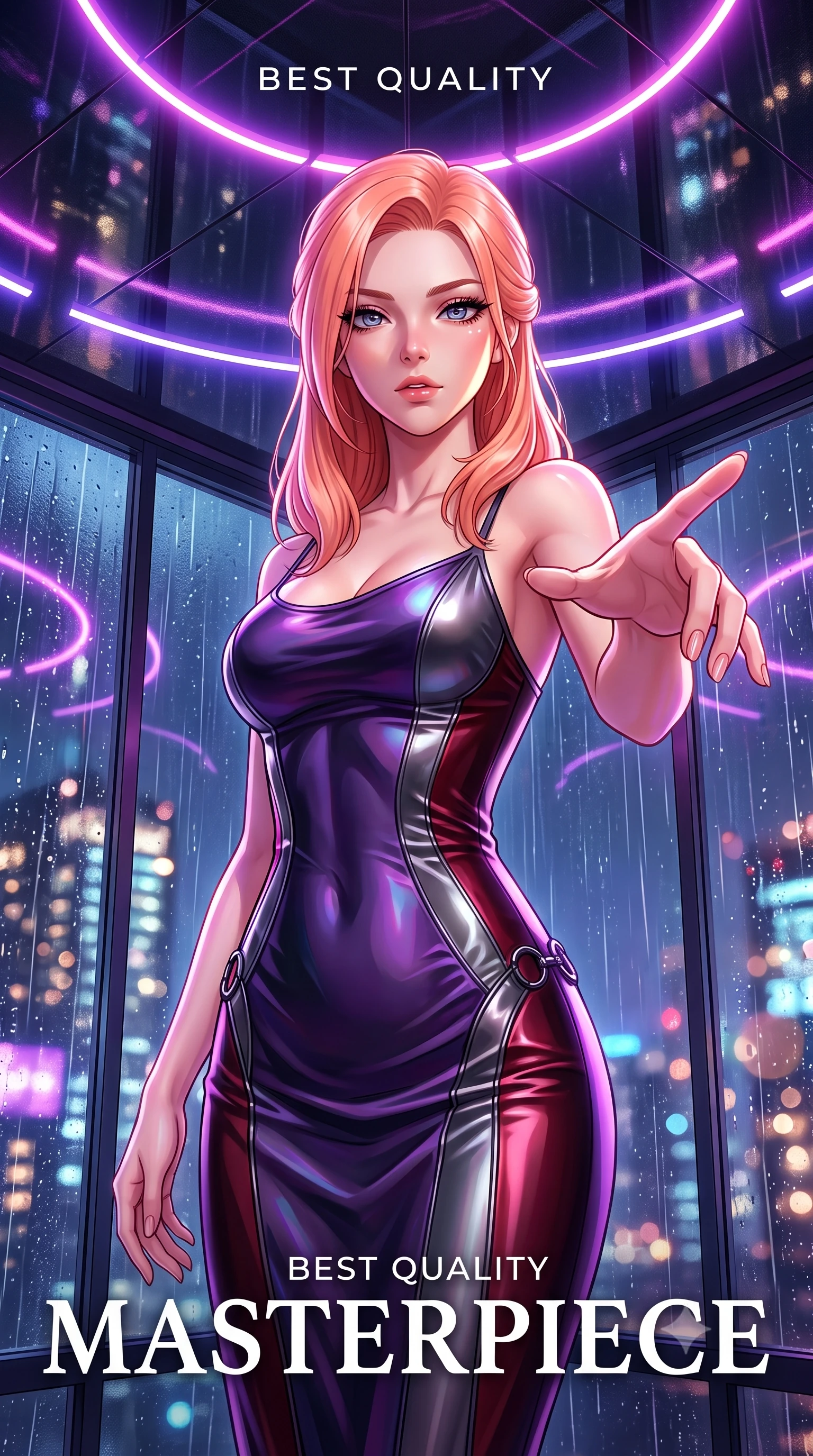 score_9, masterpiece, best quality, ultra-detailed, high-budget anime keyframe, editorial fashion photography, tasteful artistic composition, Japanese woman. close-up cowboy shot from the waist and thighs up, the character dominates the composition, filling the frame with her large presence, background elements kept in soft focus. Reaching one hand toward the viewer with relaxed sensual elegance, standing under a mirror ceiling reflecting glowing violet and magenta neon arcs, rain streaks on glass windows distorting distant city skyline lights into bokeh. She has an exceptionally elegant, slender, and willowy female figure with an ultra-slim waist, a gracefully sculpted slender torso, and a refined silhouette. sharp v-shaped jawline, high-bridge nose, intricate jewel-like eyes with depth, thick eyelashes, glossy lips with a natural sheen. wearing form-contouring dark crimson liquid silk long slip dress in metallic dark silver, made of iridescent dark violet taffeta, trimmed with dark chrome ring hardware along the waist contours, highlighting her statuesque proportions and ultra-slim waistline. lit by piercing key rays emerging from deep futuristic shadows. highly saturated vibrant anime colors, detailed shading with soft gradients, rich glossy textures, high-contrast stereoscopic depth, volumetric dynamic lighting, master piece, 9:16 ratio