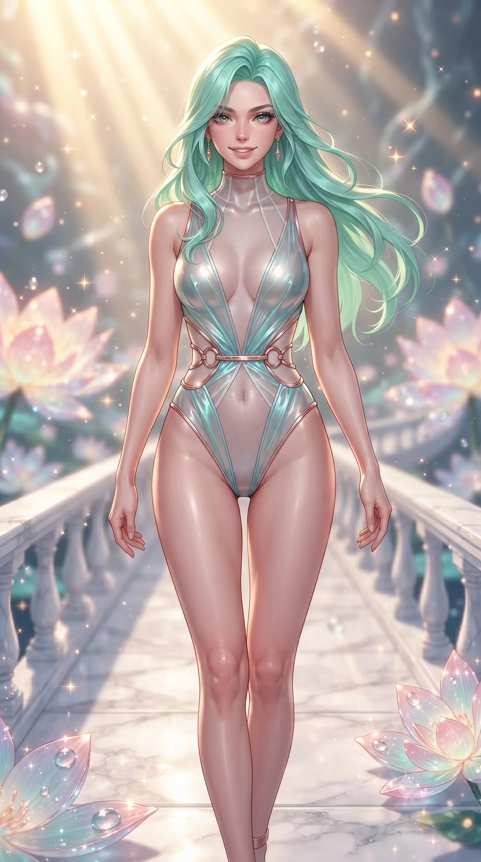 score_9, masterpiece, best quality, ultra-detailed, high-budget anime keyframe, editorial fashion photography, tasteful artistic composition, Japanese woman. close-up cowboy shot from the waist and thighs up, the character dominates the composition, filling the frame with her large presence, background elements kept in soft focus. Smiling with quiet, magnetic self-assurance directly into the camera, walking across a floating white marble bridge surrounded by bioluminescent lotus petals, dewdrops on crystal petals sparkling under golden sunbeams. She has an exceptionally elegant, slender, and willowy female figure with an ultra-slim waist, a gracefully sculpted slender torso, and a refined silhouette. sharp v-shaped jawline, high-bridge nose, intricate jewel-like eyes with depth, thick eyelashes, glossy lips with a natural sheen. wearing translucent liquid acrylic splash bodysuit with semi-opaque mesh in pearl white, made of iridescent turquoise taffeta, trimmed with rose-gold ring hardware along the waist contours, accentuating her gracefully sculpted slender torso. illuminated by soft rose-gold bioluminescence and warm sunbeams. ultra-reflective glossy finish, specular highlights, metallic sheen, high-contrast stereoscopic depth, volumetric dynamic lighting, 2k, ultra detail, master piece, 9:16 ratio