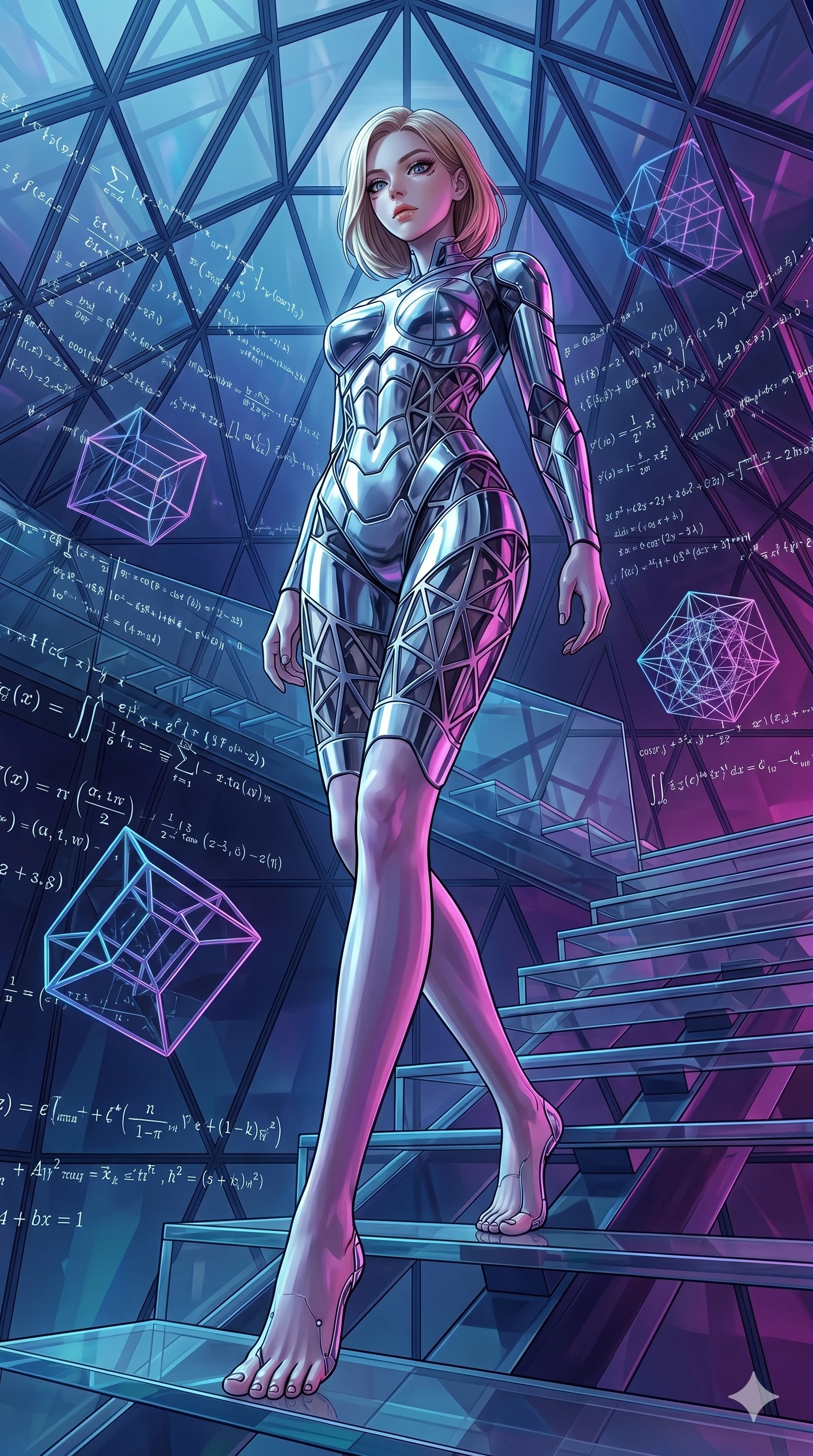 score_9, masterpiece, best quality, ultra-detailed, high-budget anime keyframe, editorial fashion photography, tasteful artistic composition, Korean woman. low angle full-body shot from head to toe showing her feet, filling the entire 9:16 vertical frame with her statuesque presence, stretching her vertical silhouette. descending from inside a geometric glass pyramid surrounded by floating mathematical equations while floating geometrical wireframes rotate and pulse in synch. She has an absolutely perfect 8-heads proportion, an exceptionally tall and slender female figure with impossibly long slender legs and an ultra-slim waist. V-shaped jawline, high-bridge nose, intricate jewel-like eyes with depth, thick eyelashes, glossy lips with a natural sheen.. wearing a bionic chrome plate bodysuit, featuring silver chrome plates covering the torso and hips, connected by opaque geometric lattice panels. accented by dynamic color-blocked lighting with high-contrast shadows emphasizing her statuesque height. 2k, ultra detail, master piece, 9:16 ratio