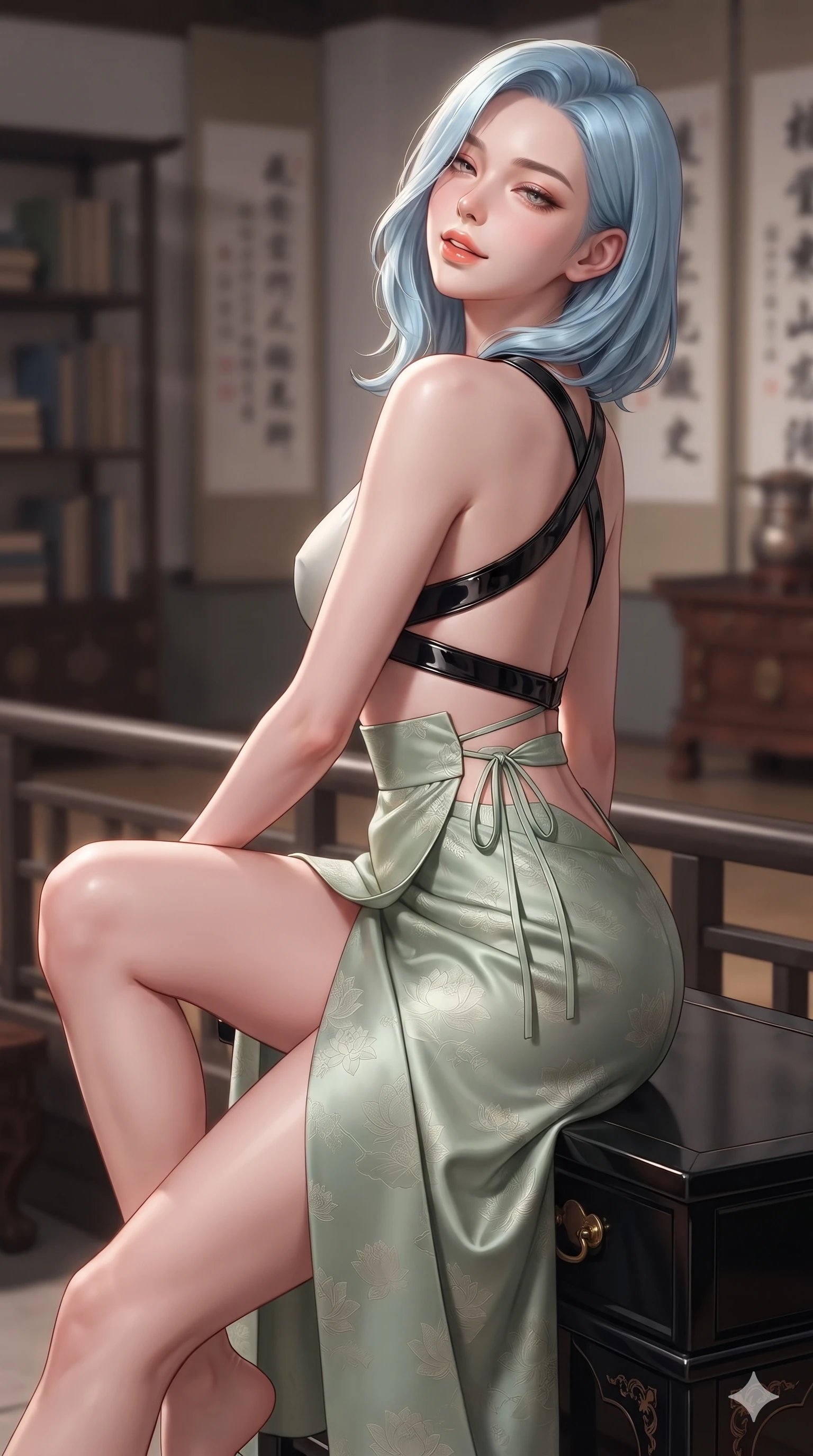 score_9, masterpiece, best quality, ultra-detailed, high-budget anime keyframe, editorial fashion photography, tasteful artistic composition, Korean woman. close-up cowboy shot from the waist and thighs up, the character dominates the composition, filling the frame with her large presence. leaning back against the balustrade with relaxed seductive grace, head tilted back slightly while casting a hypnotic, heavy-lidded gaze while perched sideways on the low black lacquer writing desk, one knee drawn up to showcase her slender leg line while her arched back accentuates her curves. The background shows a soft-focus imperial scholar academy hall softened in scholarly sanctuary shallow focus. She has an exceptionally elegant, slender, and willowy female figure with an ultra-slim waist, flat toned midriff, narrow ribcage, and sculpted feminine hips creating an alluring, slim hourglass silhouette without bulk. sharp v-shaped jawline, high-bridge nose, sparkling eyes with hypnotic seductive depth, thick curled eyelashes, glossy parted lips with a natural dewy peach sheen, alluring bedroom-eyes with an enchanting coquettish smile, exuding magnetic siren charisma and sophisticated glamour, flawlessly proportioned anatomical accuracy, strict slender model proportions, natural body alignment, perfectly sculpted long slender limbs, ultra-slim waistline, clean dynamic posture without body distortion. wearing an alluring low-slung modern hanbok wrap skirt with bare waist flanks and delicate silk cord ties in soft lotus rose and morning dew sage green, tailored from rich silk jacquard with subtle embossed lotus blossom patterns, featuring an open-back criss-cross harness strap in patent black leather, the glove-like clinging cut tightly following the natural contour of her hips and long slender legs with youthful 8.5-heads elegance. illuminated by black lacquer desk bounce and sharp warm-amber rim lights sculpting her razor-sharp jawline, narrow waist, and curvy hips. ultra-reflective glossy finish, specular highlights, rich textural contrasts, high-contrast stereoscopic depth, volumetric dynamic lighting, 2k, ultra detail, master piece, 9:16 ratio