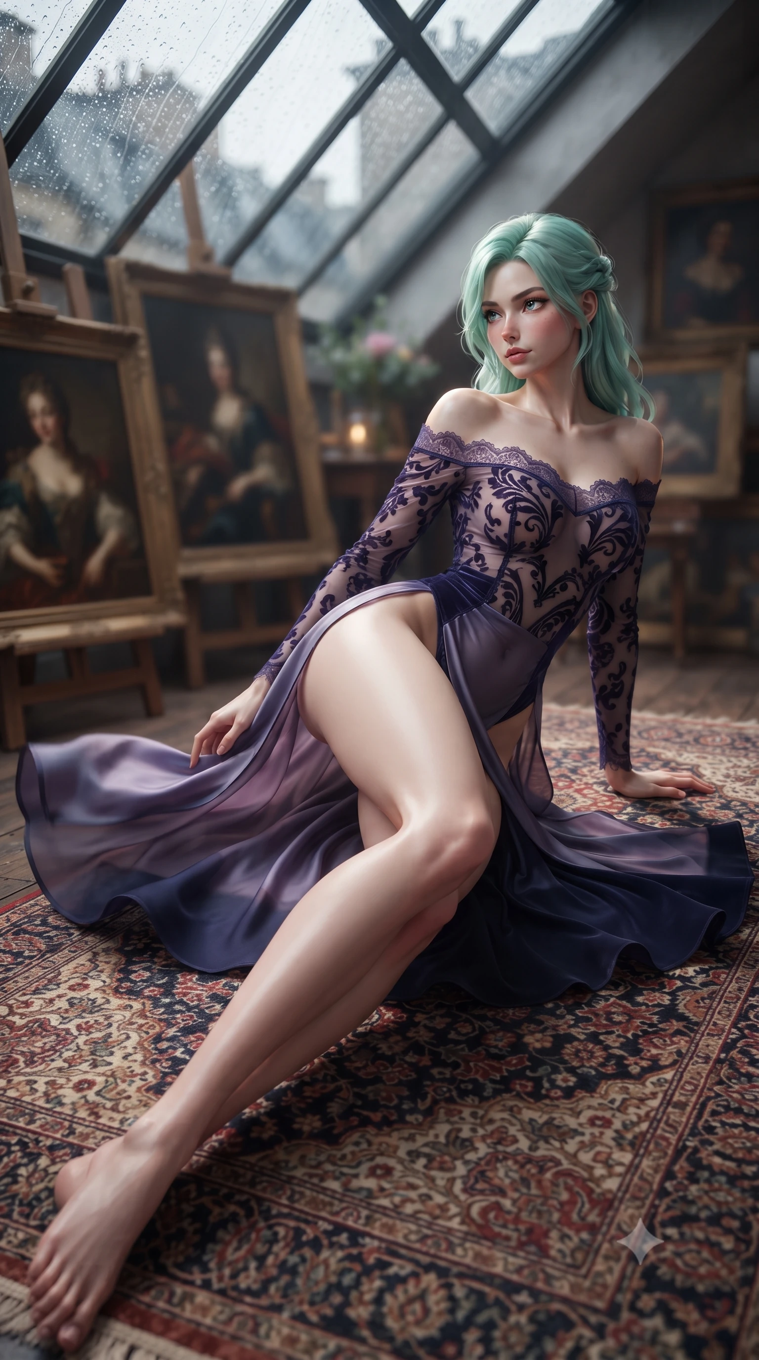 score_9, masterpiece, best quality, ultra-detailed, high-budget anime keyframe, editorial fashion photography, tasteful artistic composition, Japanese woman. low angle full-body shot from head to toe showing her feet, filling the entire 9:16 vertical frame with her statuesque presence, stretching her vertical silhouette. executing a slow, graceful pivot turn as her skirt sways around her slender legs, glancing back with an enchanting, teasing sensual expression while lounging on the plush Persian rug propped on one elbow, her flat midriff and long slender legs commanding the romantic artist loft. The background shows a soft-focus cast-iron pitched greenhouse skylights with rain streaks, antique oil paintings on easels, and Paris zinc roofs blurred into slate, emerald, and amber bokeh. She has an absolutely perfect, statuesque 8.5-heads proportion, an exceptionally tall and slender model-like female figure with impossibly long slender legs, an ultra-slim waist, a flat toned midriff, narrow delicate ribcage, and beautifully sculpted feminine hips creating a graceful, slim hourglass silhouette without any bulky heaviness. sharp v-shaped jawline, high-bridge nose, sparkling eyes with hypnotic seductive depth, thick curled eyelashes, glossy parted lips with a natural dewy peach sheen, alluring bedroom-eyes with an enchanting coquettish smile, exuding magnetic siren charisma and sophisticated glamour, flawlessly proportioned anatomical accuracy, strict slender model proportions, natural body alignment, perfectly sculpted long slender limbs, ultra-slim waistline, clean dynamic posture without body distortion. wearing an off-the-shoulder sheer-illusion mesh bodysuit with strategic velvet flocking and high-cut leg openings in twilight lavender and midnight indigo, crafted from fluid liquid silk satin that clings smoothly to every curve with a dewy sheen, finished with scalloped eyelash lace trim framing her sweetheart neckline with intimate elegance, the high-slit wrap tailoring accentuating her ultra-slim waistline and the enchanting curve of her feminine hips with alluring seductive charm. illuminated by skylight reflection fill and sharp warm-gold rim lights sculpting her razor-sharp jawline, narrow waist, and curvy hips. ultra-reflective glossy finish, specular highlights, rich textural contrasts, high-contrast stereoscopic depth, volumetric dynamic lighting, 2k, ultra detail, master piece, 9:16 ratio