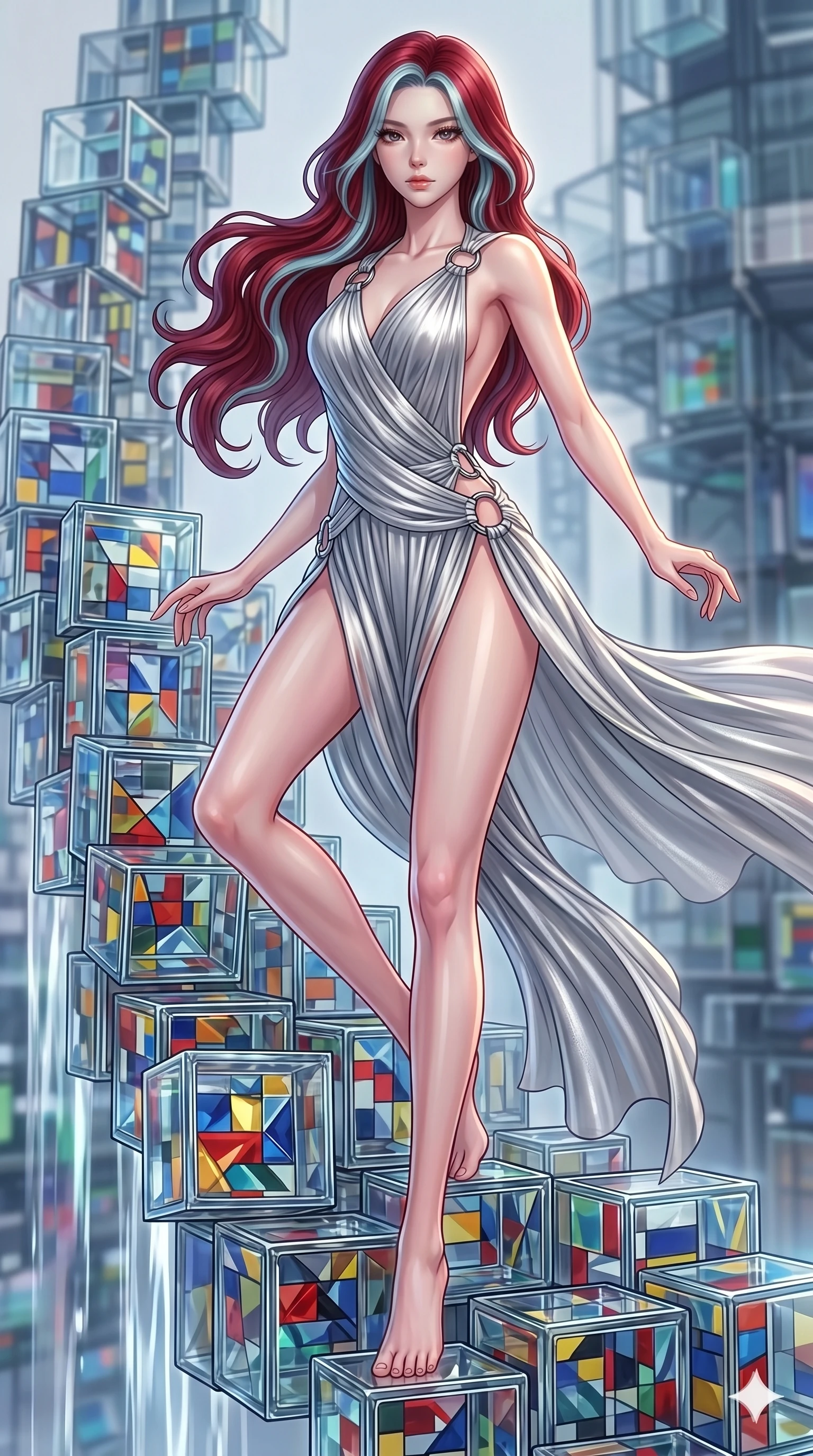score_9, masterpiece, best quality, ultra-detailed, high-budget anime keyframe, Korean woman. upper body close-up from the thighs up, character filling the screen for maximum presence. balancing on cubist glass blocks that cascade like a waterfall, reflecting complex mosaic patterns and primary colors. She has an absolutely perfect 8-heads proportion, an exceptionally tall and slender female figure with impossibly long slender legs and an ultra-slim waist. V-shaped jawline, high-bridge nose, intricate jewel-like eyes with depth, thick eyelashes, glossy lips with a natural sheen.. wearing a draped Grecian cyber-gown, featuring draped silver metallic chiffon held by metal ring hardware, displaying a high-leg line. lit by a soft glowing ambient light and a sharp side key light that traces the sleek contours of her athletic build. 2k, ultra detail, master piece, 9:16 ratio