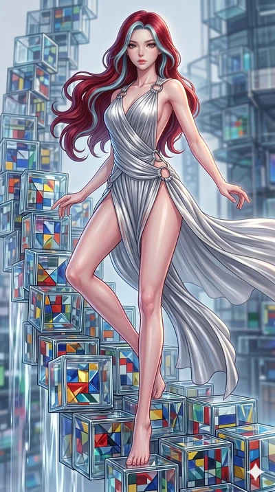 score_9, masterpiece, best quality, ultra-detailed, high-budget anime keyframe, Korean woman. upper body close-up from the thighs up, character filling the screen for maximum presence. balancing on cubist glass blocks that cascade like a waterfall, r