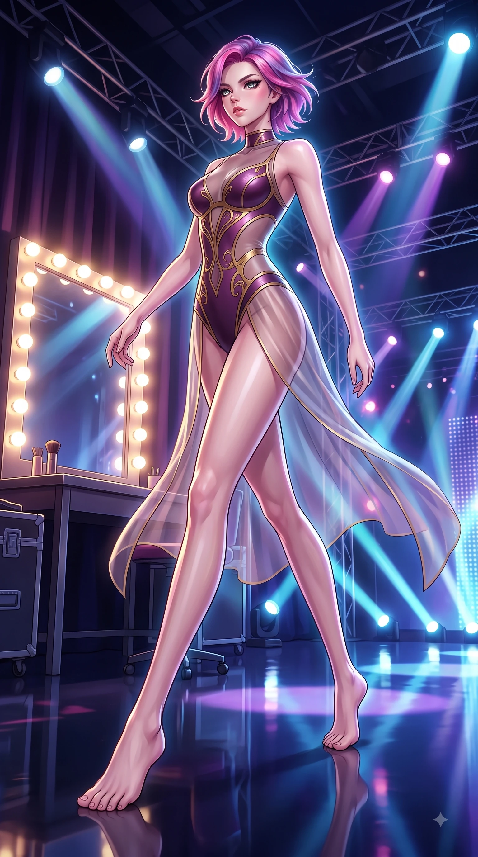 score_9, masterpiece, best quality, ultra-detailed, high-budget anime keyframe, editorial fashion photography, tasteful artistic composition, Caucasian woman. low angle full-body shot from head to toe showing her feet, filling the entire 9:16 vertical frame with her statuesque presence, stretching her vertical silhouette. forging dynamically through the scene with her long slender legs and ultra-slim waist creating a sweeping curve while resting near a glowing vanity mirror backstage as stage lights trace her contoured waist, shiny dark stage surface reflecting every concert light beam vividly. She has an absolutely perfect, statuesque 8.5-heads proportion, an exceptionally tall and slender model-like female figure with impossibly long slender legs and an ultra-slim waist. sharp v-shaped jawline, high-bridge nose, intricate jewel-like eyes with depth, thick eyelashes, glossy lips with a natural sheen, flawlessly proportioned anatomical accuracy, natural body alignment, perfectly sculpted elegant limbs, clean dynamic posture without body distortion. wearing a semi-opaque sheer overlay dress over a leather micro-bodysuit in plum purple and gold filigree, crafted from smooth liquid silk, featuring clean architectural cutouts along her slender torso, the tailored fabric tightly following every curve of her athletic build. surrounded by an electric, high-energy performer aura with sharp shadows. highly saturated vibrant anime colors, detailed shading with soft gradients, rich glossy textures, high-contrast stereoscopic depth, volumetric dynamic lighting, master piece, 9:16 ratio