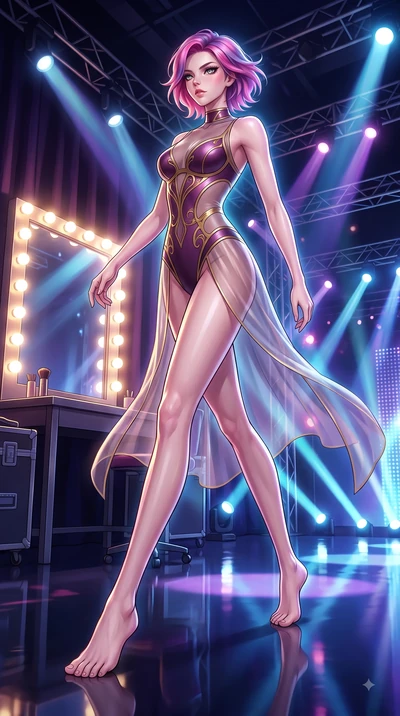 score_9, masterpiece, best quality, ultra-detailed, high-budget anime keyframe, editorial fashion photography, tasteful artistic composition, Caucasian woman. low angle full-body shot from head to toe showing her feet, filling the entire 9:16 vertica
