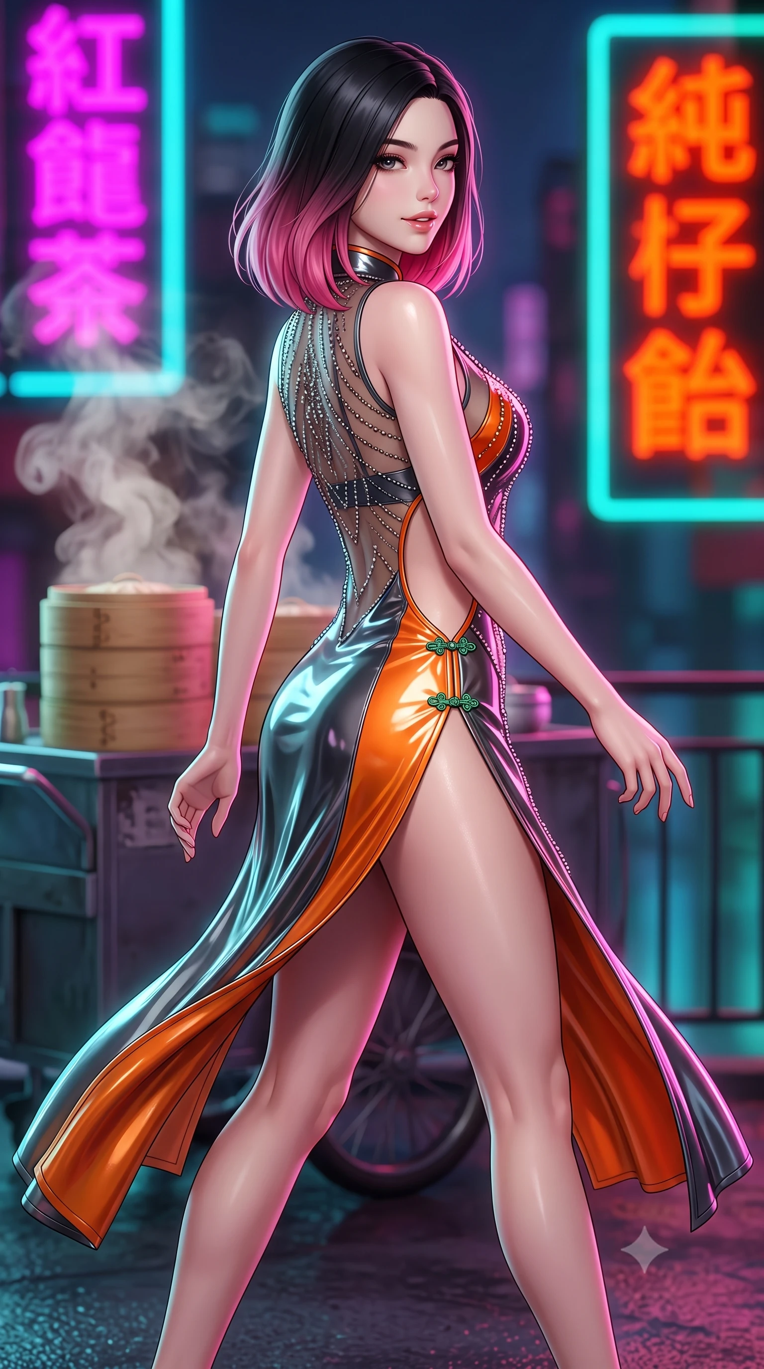 score_9, masterpiece, best quality, ultra-detailed, high-budget anime keyframe, semi-realistic 3D game render, editorial fashion photography, tasteful artistic composition, Korean woman. close-up cowboy shot from the waist and thighs up, the character dominates the composition, filling the frame with her large presence. turning over a bare shoulder with an intoxicating, teasing smile, her soft hair framing her sharp jawline as her hips angle gracefully while striding across the neon-drenched rooftop deck as steam curls from dim sum bamboo steamers, her high-slit dress fluttering to reveal her long slender legs. The composition keeps background elements in soft focus with creamy bokeh. swirling tea steam vapors and glowing neon kanji signs blurred into electric magenta, turquoise, and lantern-scarlet bokeh. She has an exceptionally elegant, slender, and willowy female figure with an ultra-slim waist, a gracefully sculpted slender torso, toned flat midriff, and rounded feminine hips creating an alluring hourglass silhouette. sharp v-shaped jawline, high-bridge nose, intricate jewel-like eyes with depth, thick eyelashes, glossy parted lips with a natural sheen, intensely captivating and seductive bedroom-eyes expression, flawlessly proportioned anatomical accuracy, strict slender model proportions, natural body alignment, perfectly sculpted long slender limbs, ultra-slim waistline, clean dynamic posture without body distortion. wearing a sheer vintage mesh cheongsam adorned with intricate beadwork over an opaque silk slip in metallic gunmetal and laser orange, formed from high-gloss patent leather with sharp specular chiaroscuro, finished with an ultra-high side slit secured by miniature jade frog closures, the precision-cut side openings and low-back scoop framing her graceful spine and the sensual sweep of her hips. illuminated by wet specular asphalt bounce lights sharply sculpting her narrow waist and rounded hips. highly saturated vibrant anime colors, detailed shading with soft gradients, rich glossy textures, high-contrast stereoscopic depth, volumetric dynamic lighting, master piece, 9:16 ratio