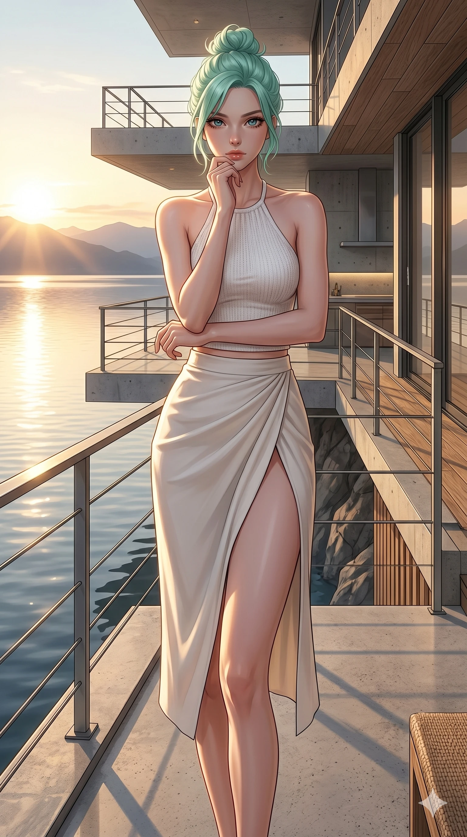 score_9, masterpiece, best quality, ultra-detailed, high-budget anime keyframe, editorial fashion photography, tasteful artistic composition, Japanese woman. cowboy shot from the thighs up, character and outfit filling the frame for maximum editorial presence. resting her chin on her fingers, looking directly into the lens with a piercing, mysterious gaze on a private viewing balcony of a modern architectural home built on a cliffside over a lake (Code-P118). She has an absolutely perfect 8-heads proportion, an exceptionally tall and slender female figure with impossibly long slender legs and an ultra-slim waist. V-shaped jawline, high-bridge nose, intricate jewel-like eyes with depth, thick eyelashes, glossy lips with a natural sheen. wearing a white knit halter top showing her elegant clavicle lines, and a high-slit wrap skirt. drenched in brilliant afternoon sunshine, casting warm rays that trace the curves of her athletic figure. 2k, ultra detail, master piece, 9:16 ratio