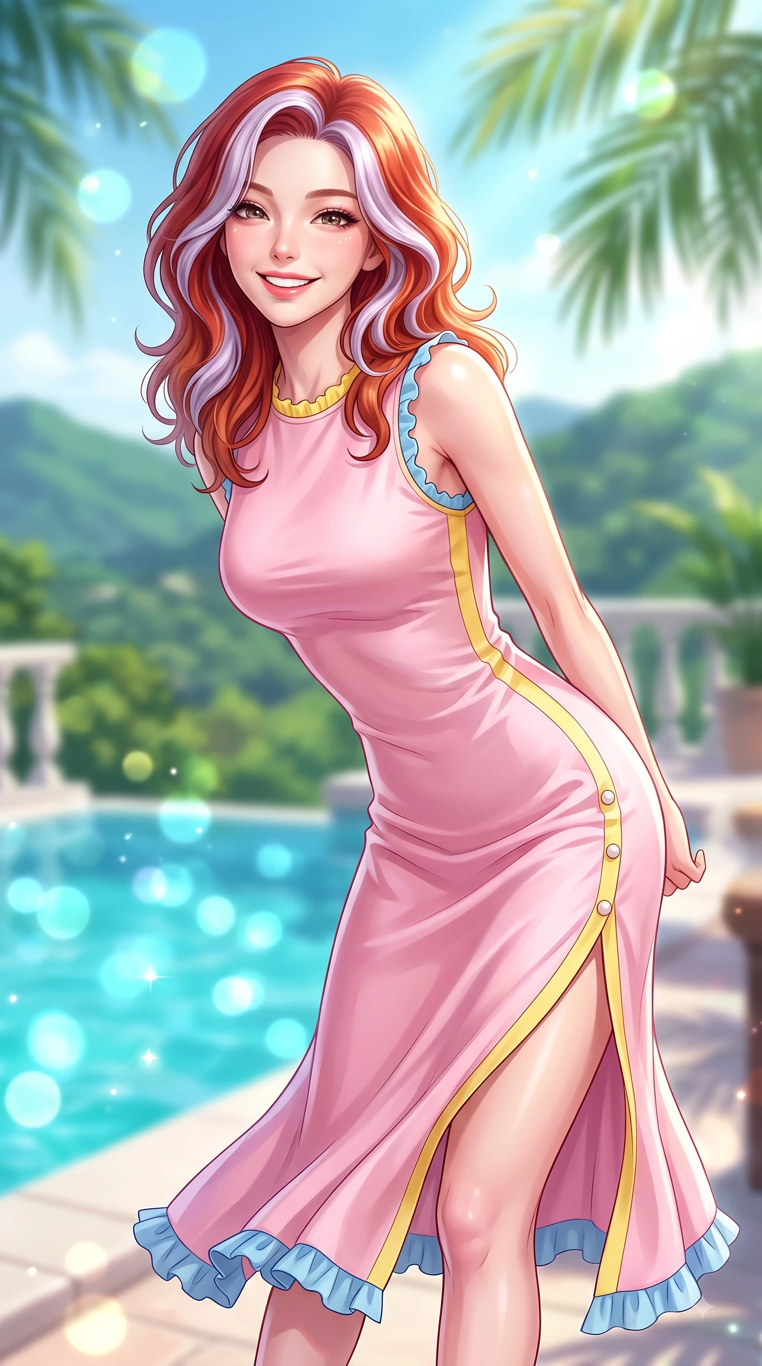 score_9, masterpiece, best quality, ultra-detailed, high-budget anime keyframe, editorial fashion photography, tasteful artistic composition, Caucasian woman. close-up cowboy shot from the waist and thighs up, the character dominates the composition, filling the frame with her large presence. Cheerful beaming smile with sparkling eyes and a fresh girlhood aura, leaning forward with playful grace while pivoting dynamically on an open-air resort terrace with a breathtaking view of lush green hills. The composition keeps background elements in soft focus with dreamy bokeh. sparkling pool water and palm fronds blurred into crisp, dreamy turquoise background bokeh. She has an exceptionally elegant, slender, and willowy female figure with an ultra-slim waist, a gracefully sculpted slender torso, and a refined silhouette. sharp v-shaped jawline, high-bridge nose, intricate jewel-like eyes with depth, thick eyelashes, glossy lips with a natural sheen, flawlessly proportioned anatomical accuracy, natural body alignment, perfectly sculpted elegant limbs, clean dynamic posture without body distortion. wearing a form-flattering pastel pink sleeveless knit midi dress with a tasteful side slit in sunny daffodil yellow and clear sky blue, crafted from smooth fluid silk satin, finished with subtle ruffle trims and delicate pearl buttons, the breezy lightweight fabric fluttering softly against her delicate frame. surrounded by an exclusive, sun-drenched, and relaxing resort atmosphere. highly saturated vibrant anime colors, detailed shading with soft gradients, rich glossy textures, high-contrast stereoscopic depth, volumetric dynamic lighting, master piece, 9:16 ratio