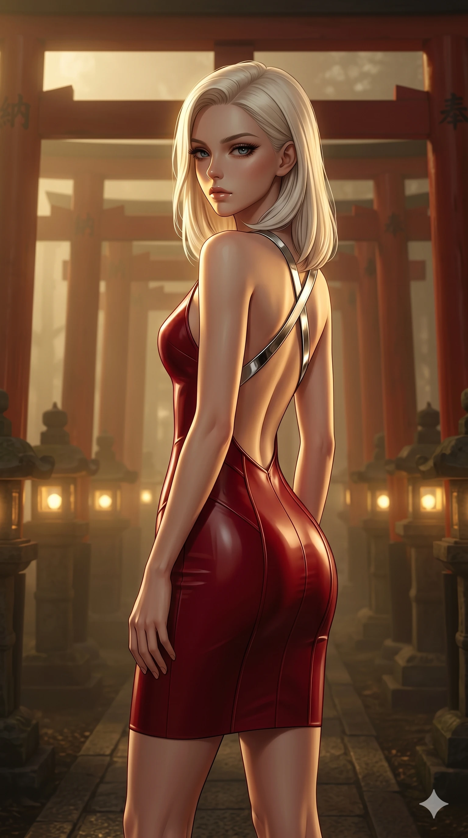 score_9, masterpiece, best quality, ultra-detailed, high-budget anime keyframe, editorial fashion photography, tasteful artistic composition, Caucasian woman, strictly human ears. cowboy shot from the thighs up, character and outfit filling the frame for maximum editorial presence. Casting a slow, direct gaze beneath heavy lashes with quiet intensity amidst a Japanese torii gate forest with golden fog-lit lanterns. She has an absolutely perfect 8-heads proportion, an exceptionally tall and slender female figure with impossibly long slender legs and an ultra-slim waist. V-shaped jawline, high-bridge nose, intricate jewel-like eyes with depth, thick eyelashes, glossy lips with a natural sheen. wearing a structured deep-cherry-red fashion-latex fitted dress with a clean architectural front and a dramatic open-back design with a single criss-cross strap in chrome across the bare back. lit by dramatic chiaroscuro with a single golden key light carving her facial contours and figure. 2k, ultra detail, master piece, 9:16 ratio