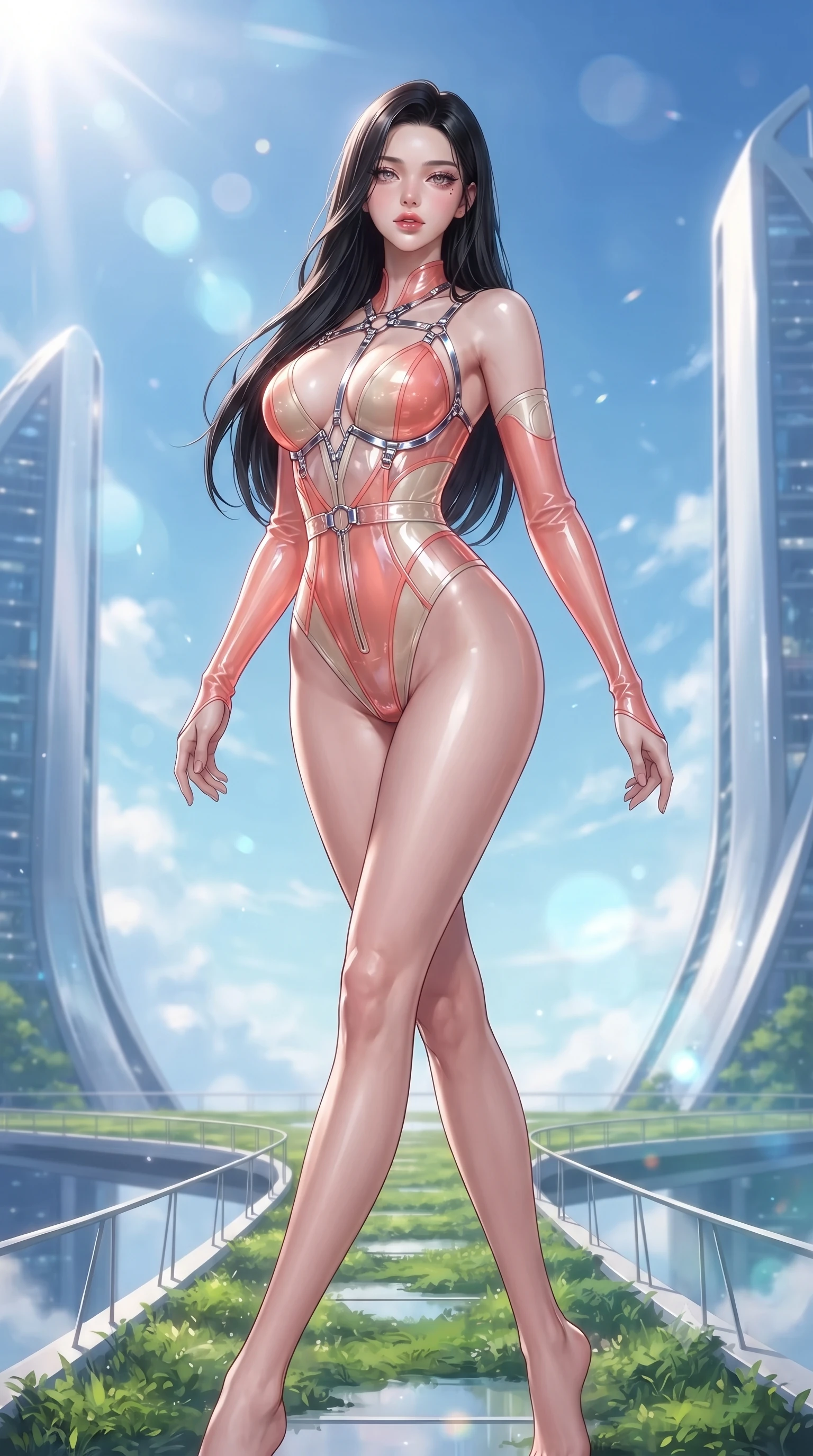 score_9, masterpiece, best quality, ultra-detailed, high-budget anime keyframe, editorial fashion photography, tasteful artistic composition, Korean woman. low angle full-body shot from head to toe showing her feet, filling the entire 9:16 vertical frame with her statuesque presence, stretching her vertical silhouette. arching her back in a fluid zero-gravity turn with sovereign grace, her long slender legs and sculpted torso creating a sweeping line while stepping along a verdant sky-garden walkway suspended between twin gleaming architectural towers. The composition keeps background elements in soft focus with creamy bokeh. brilliant high-altitude sunrays scattering radiant light across a dreamy blue backdrop. She has an absolutely perfect, statuesque 8.5-heads proportion, an exceptionally tall and slender model-like female figure with impossibly long slender legs, a toned flat midriff, and an ultra-slim waist. sharp v-shaped jawline, high-bridge nose, intricate jewel-like eyes with depth, thick eyelashes, glossy lips with a natural sheen, flawlessly proportioned anatomical accuracy, strict slender model proportions, natural body alignment, perfectly sculpted long slender limbs, ultra-slim waistline, clean dynamic posture without body distortion. wearing a translucent cybernetic corset in semi-opaque structured vinyl, combined with detached sleeves and a deep-plunging neckline secured by glowing micro-straps in radiant coral pink and champagne ivory, crafted from ultra-reflective second-skin latex with a high-gloss glass-like polish, reinforced by a sleek metallic chrome harness and delicate glowing micro-straps, the glove-like aerodynamic second-skin fit tightly clinging to her ultra-slender waist and athletic curves without adding bulk, accentuating her razor-sharp statuesque lines and slim hourglass silhouette. illuminated by crisp specular highlights tracing her sculpted collarbones and waistline. ultra-reflective glossy finish, specular highlights, metallic sheen, high-contrast stereoscopic depth, volumetric dynamic lighting, 2k, ultra detail, master piece, 9:16 ratio