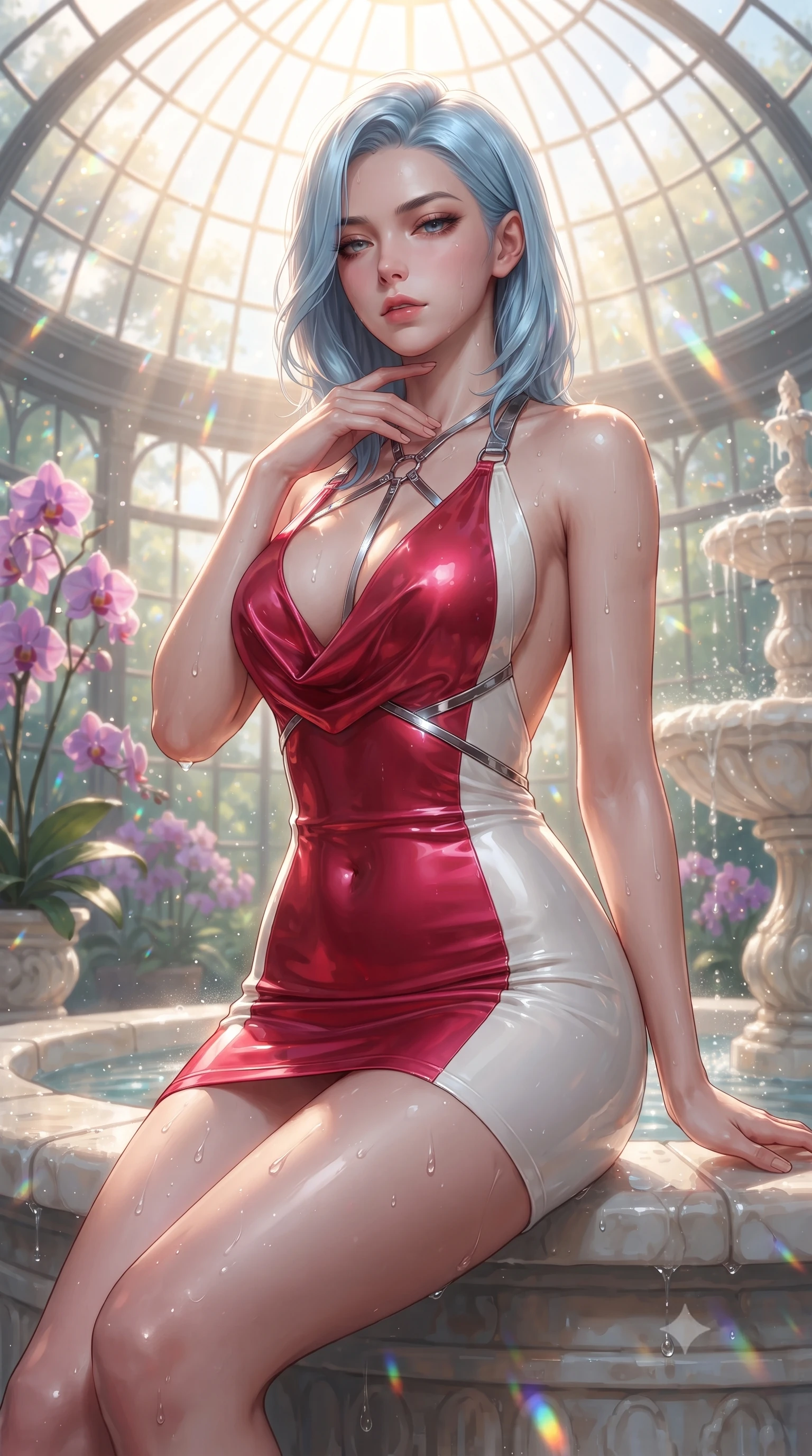 score_9, masterpiece, best quality, ultra-detailed, high-budget anime keyframe, editorial fashion photography, tasteful artistic composition, Korean woman. close-up cowboy shot from the waist and thighs up, the character dominates the composition, filling the frame with her large presence. resting her fingers lightly against her throat while looking down with a smoldering, haughty yet intensely captivating glance while standing poised on the edge of a tiered alabaster fountain surrounded by blooming purple orchids in a soaring glass greenhouse. The composition keeps background elements in soft focus with creamy bokeh. sparkling sunlight water droplets scattering prismatic light motes across a luminous backdrop. She has an exceptionally elegant, slender, and willowy female figure with an ultra-slim waist, a gracefully sculpted slender torso, toned flat midriff, and a refined slim silhouette. sharp v-shaped jawline, high-bridge nose, intricate jewel-like eyes with depth, thick eyelashes, glossy lips with a natural sheen, flawlessly proportioned anatomical accuracy, strict slender model proportions, natural body alignment, perfectly sculpted long slender limbs, ultra-slim waistline, clean dynamic posture without body distortion. wearing a form-contouring liquid satin halter-neck mini dress with a deep crossover cowl front, open back, and ultra-slender waist drape in radiant crimson silk and crisp snow white, crafted from ultra-reflective second-skin latex with a high-gloss glass-like polish, reinforced by a sleek metallic chrome harness and delicate glowing micro-straps, the precision-cut daring openings accentuating her delicate midriff, graceful bare collarbones, and ultra-slim feminine waistline. bathed in intense volumetric golden sunbeams streaming through grand glass dome panes. ultra-reflective glossy finish, specular highlights, metallic sheen, high-contrast stereoscopic depth, volumetric dynamic lighting, 2k, ultra detail, master piece, 9:16 ratio