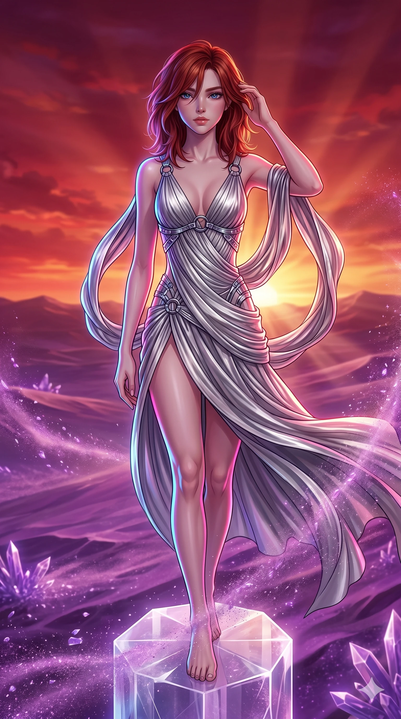 score_9, masterpiece, best quality, ultra-detailed, high-budget anime keyframe, Japanese woman. upper body close-up from the thighs up, character filling the screen for maximum presence. standing atop a transparent salt crystal tower in a purple crystalline desert as winds blow shimmering purple dust under a crimson sunset. She has an absolutely perfect 8-heads proportion, an exceptionally tall and slender female figure with impossibly long slender legs and an ultra-slim waist. V-shaped jawline, high-bridge nose, intricate jewel-like eyes with depth, thick eyelashes, glossy lips with a natural sheen.. wearing a draped Grecian cyber-gown, featuring draped silver metallic chiffon held by metal ring hardware, displaying a high-leg line. bathed in brilliant cinematic volumetric lighting and intense neon rim light highlighting her slender form. 2k, ultra detail, master piece, 9:16 ratio