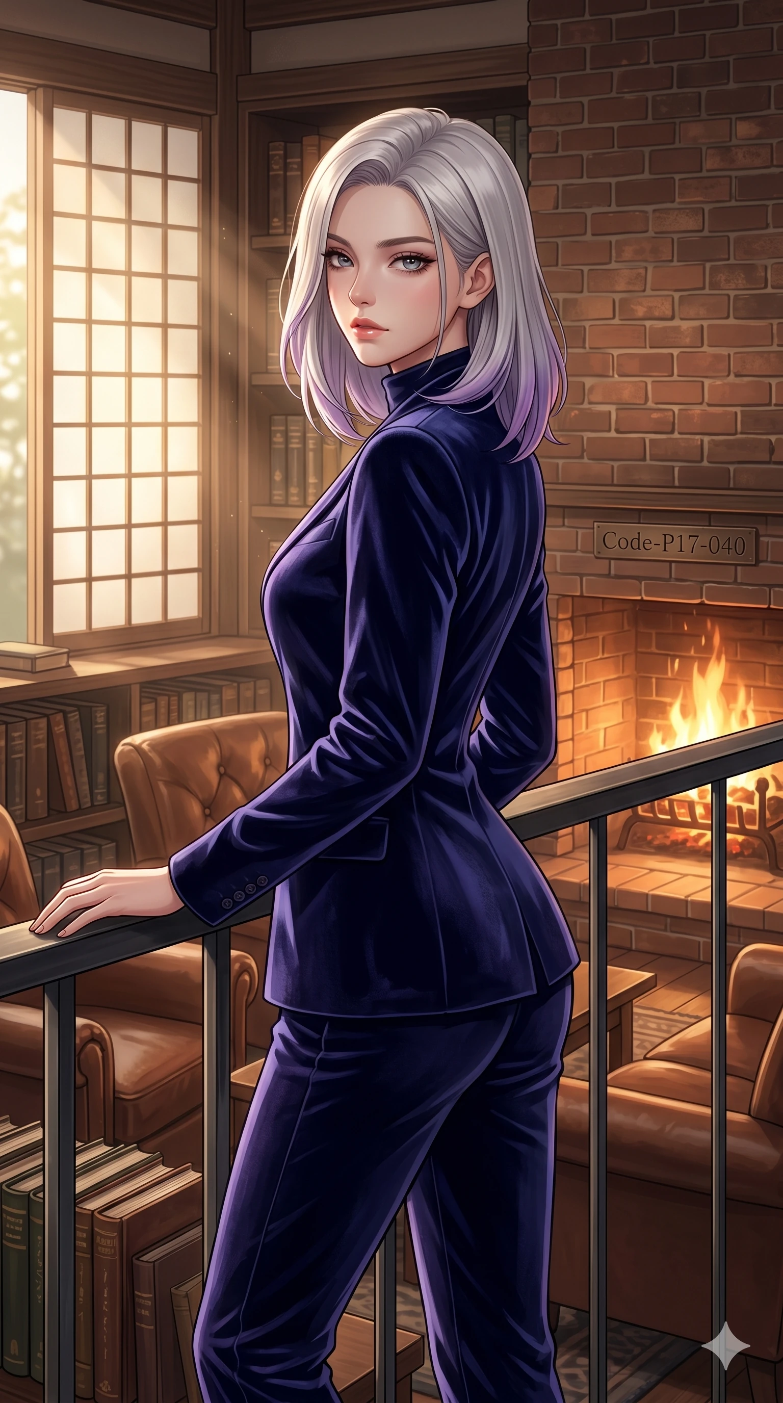 score_9, masterpiece, best quality, ultra-detailed, high-budget anime keyframe, editorial fashion photography, tasteful artistic composition, Caucasian woman, strictly human ears. cowboy shot from the thighs up, character and outfit filling the frame for maximum editorial presence. resting one hand on the metal railing, casting a slow, bedroom-eyes gaze over her shoulder inside a cozy library lounge with a roaring brick fireplace (Code-P17-040). She has an absolutely perfect 8-heads proportion, an exceptionally tall and slender female figure with impossibly long slender legs and an ultra-slim waist. V-shaped jawline, high-bridge nose, intricate jewel-like eyes with depth, thick eyelashes, glossy lips with a natural sheen. wearing a tailored velvet high-neck blazer with matching long pants. soft warm morning sunbeams filtering through the paper screens, casting a gentle glow. 2k, ultra detail, master piece, 9:16 ratio