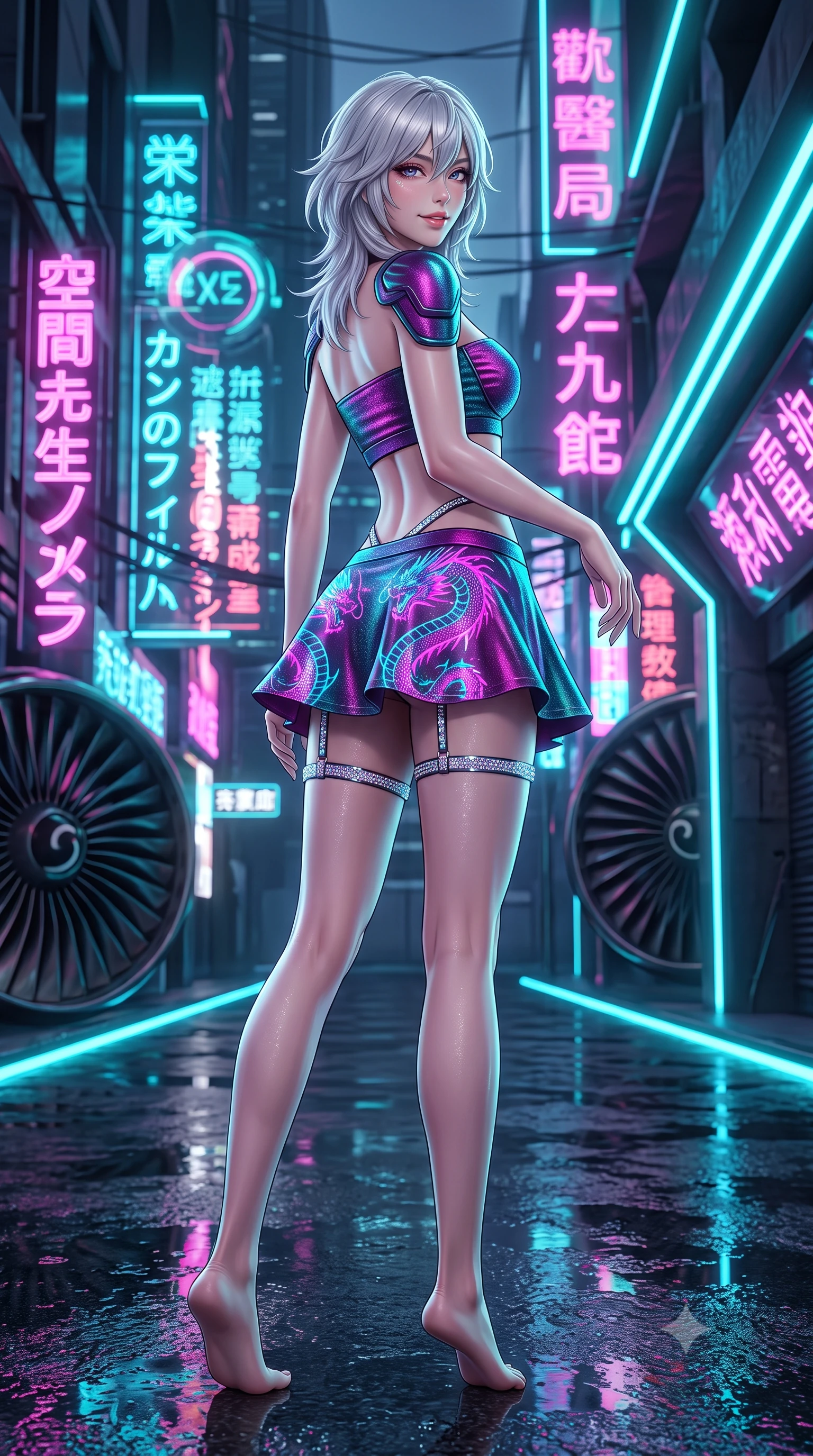 score_9, masterpiece, best quality, ultra-detailed, high-budget anime keyframe, semi-realistic 3D game render, editorial fashion photography, tasteful artistic composition, Japanese woman. low angle full-body shot from head to toe showing her feet, filling the entire 9:16 vertical frame with her statuesque presence, stretching her vertical silhouette. executing a slow, graceful pivot turn as her skirt sways around her slender legs, glancing back with an enchanting, teasing sensual expression while twisting her slender torso in an alluring contrapposto stance, dripping holographic dragon signs painting electric magenta and cyan across her narrow waist and hips. The surrounding environment is rendered in vivid detail and crisp panoramic clarity: sharp wet carbon floor reflections, intricate holographic Japanese and Chinese calligraphy, and razor-sharp VTOL turbine blade textures in deep focus. She has an exceptionally tall and slender model-like 8.5-heads proportion, an ultra-slim waist, a flat toned midriff, narrow delicate ribcage, and beautifully sculpted feminine hips creating a graceful, slim hourglass silhouette without any bulky heaviness, with impossibly long slender legs. sharp v-shaped jawline, high-bridge nose, intricate jewel-like sparkling eyes with depth, thick eyelashes, glossy parted lips with a natural peach sheen, bright cheerful beaming smile with an enchanting and coquettish sensual glint, exuding both youthful cute charm and seductive allure, flawlessly proportioned anatomical accuracy, strict slender model proportions, natural body alignment, perfectly sculpted long slender limbs, ultra-slim waistline, clean dynamic posture without body distortion. wearing an ultra-cropped tactical tech-wear bandeau top with molded shoulder armor paired with a micro mini skirt revealing her flat toned midriff in Kowloon neon magenta and electric teal, woven from stretch metallic lurex jersey casting radiant starlight glints across her curves, finished with delicate crystal-encrusted thigh garter straps glinting in the dim light, the second-skin tailored fabric adhering flawlessly to her sculpted flat midriff and slender torso, emphasizing her long leg lines and perfectly proportioned willowy build. illuminated by wet pavement reflection bounce and sharp laser-cyan rim lights defining her jawline, narrow waist, and curvy hips. highly saturated vibrant anime colors, detailed shading with soft gradients, rich glossy textures, high-contrast stereoscopic depth, volumetric dynamic lighting, master piece, 9:16 ratio