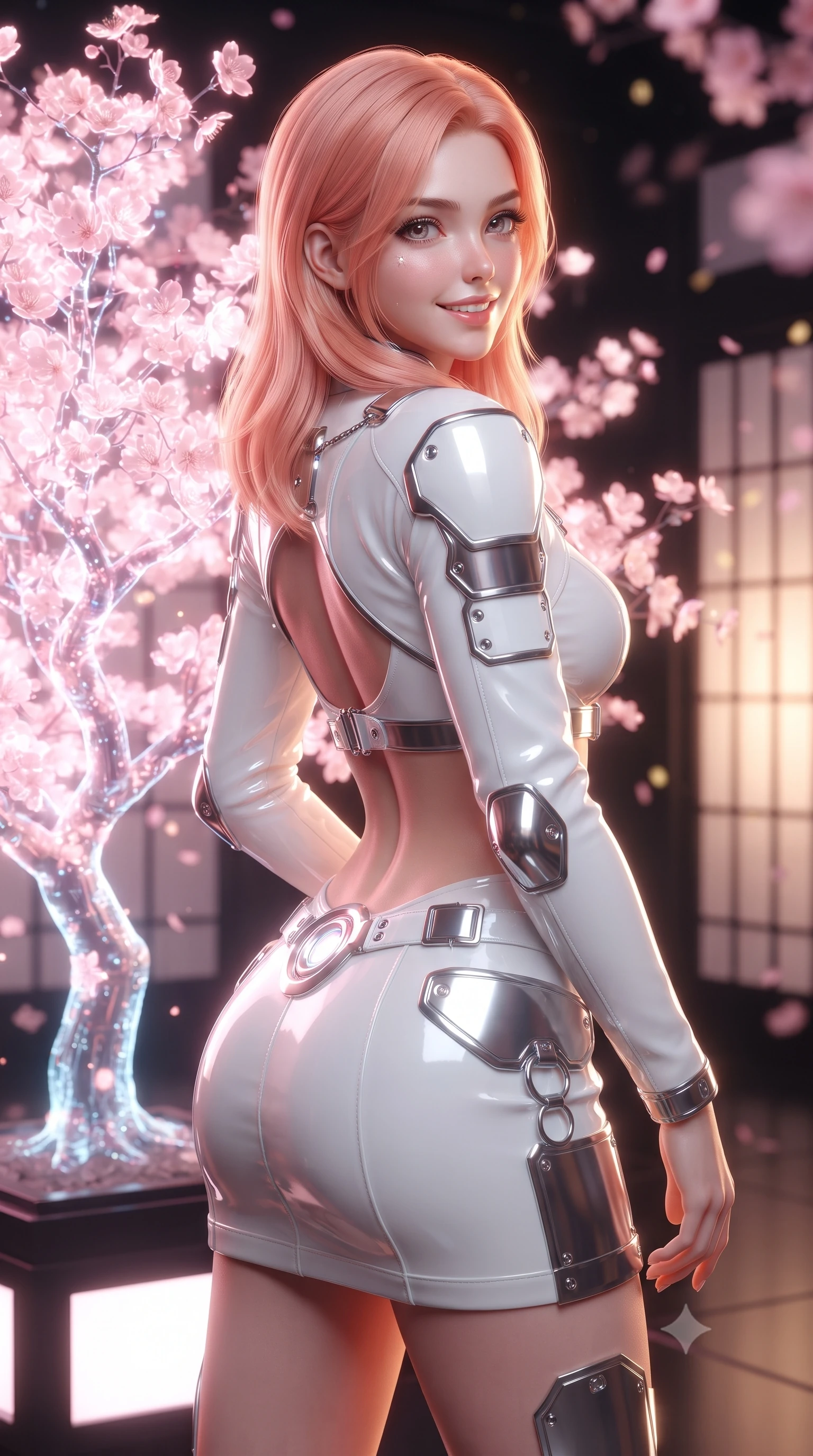 score_9, masterpiece, best quality, ultra-detailed, high-budget anime keyframe, editorial fashion photography, tasteful artistic composition, Japanese woman. close-up cowboy shot from the waist and thighs up, the character dominates the composition, filling the frame with her large presence. posing in an alluring rear three-quarter angle, turning over a bare shoulder with an intoxicating gaze, her hips cocked back to highlight her slim hourglass curve against the glowing reactor while standing poised beside a glowing holographic cherry blossom tree with hips cocked back, looking into the camera with bedroom-eyes. The background shows a soft-focus drifting holographic pink sakura blossoms and glowing digital shoji screens blurred into cherry blossom pink, gold, and midnight black bokeh. She has an exceptionally elegant, slender, and willowy female figure with an ultra-slim waist, flat toned midriff, narrow ribcage, and sculpted feminine hips creating an alluring, slim hourglass silhouette without bulk. sharp v-shaped jawline, high-bridge nose, intricate jewel-like sparkling eyes with depth, thick eyelashes, glossy parted lips with a natural sheen, bright confident smile with an enchanting and coquettish sensual glint, exuding both youthful magnetic charm and sovereign high-tech allure, flawlessly proportioned anatomical accuracy, strict slender model proportions, natural body alignment, perfectly sculpted long slender limbs, ultra-slim waistline, clean dynamic posture without body distortion. wearing a modern mecha-suit two-piece set featuring a cropped armored bolero top and micro tactical skirt with chrome rings in pure alabaster white and brushed silver accents, tailored from ultra-reflective glossy liquid vinyl with mirror-like specular highlights, accented with strategically placed chrome armor plate guards covering key curves, the precision-cut side openings and low-back scoop framing her graceful spine and the sensual sweep of her slim, toned hips. illuminated by floor light panels and sharp rose-gold rim lighting sculpting her razor-sharp jawline, narrow waist, and curvy hips. ultra-reflective glossy finish, specular highlights, rich textural contrasts, high-contrast stereoscopic depth, volumetric dynamic lighting, 2k, ultra detail, master piece, 9:16 ratio