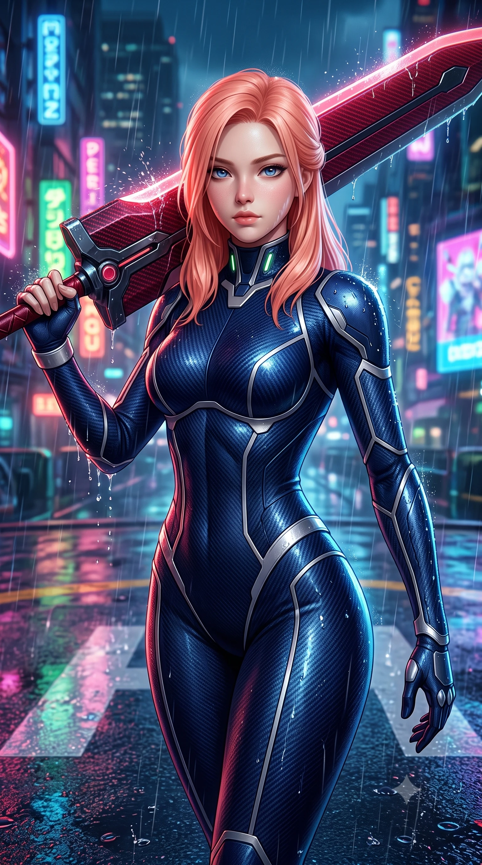 score_9, masterpiece, best quality, ultra-detailed, high-budget anime keyframe, semi-realistic 3D game render, editorial fashion photography, tasteful artistic composition, Japanese woman. close-up cowboy shot from the waist and thighs up, the character dominates the composition, filling the frame with her large presence. gazing forward with divine sovereign poise, captivating jewel-like eyes shining with transcendent focus while holding her weapon with effortless mastery while pivoting dynamically across the illuminated helipad markings as neon rain droplets splash off her glowing energy blade. The surrounding environment is rendered in vivid detail and crisp panoramic clarity. sharp raindrop beads on polished carbon armor, razor-sharp glowing plasma blade edge, and wet helipad surface in deep focus. She has an exceptionally elegant, slender, and willowy female figure with an ultra-slim waist, a gracefully sculpted slender torso, toned flat midriff, and a refined slim silhouette. sharp v-shaped jawline, high-bridge nose, intricate jewel-like eyes with depth, thick eyelashes, glossy lips with a natural sheen, flawlessly proportioned anatomical accuracy, strict slender model proportions, natural body alignment, perfectly sculpted long slender limbs, ultra-slim waistline, clean dynamic posture without body distortion. wearing a statuesque midnight cobalt carbon-fiber armor-suit with platinum trim and an ultra-slim waistline, resting a massive sleek high-frequency anti-material greatsword across her shoulder in deep crimson carbon weave with specular dark chrome accents, crafted from ultra-strong woven carbon-fiber composite with a satin luster, featuring a sleek aerodynamic collar framed by subtle glowing cybernetic status LEDs, the liquid-tight tailored fabric emphasizing every curve of her tall, slender model proportions and sculptured silhouette during dynamic movement. surrounded by an exhilarating, fierce, and breathtakingly stylish cyber-valkyrie aura. rich saturated anime colors with glowing neon highlights, detailed shading with soft gradients, rich glossy textures, high-contrast stereoscopic depth, volumetric dynamic lighting, master piece, 9:16 ratio