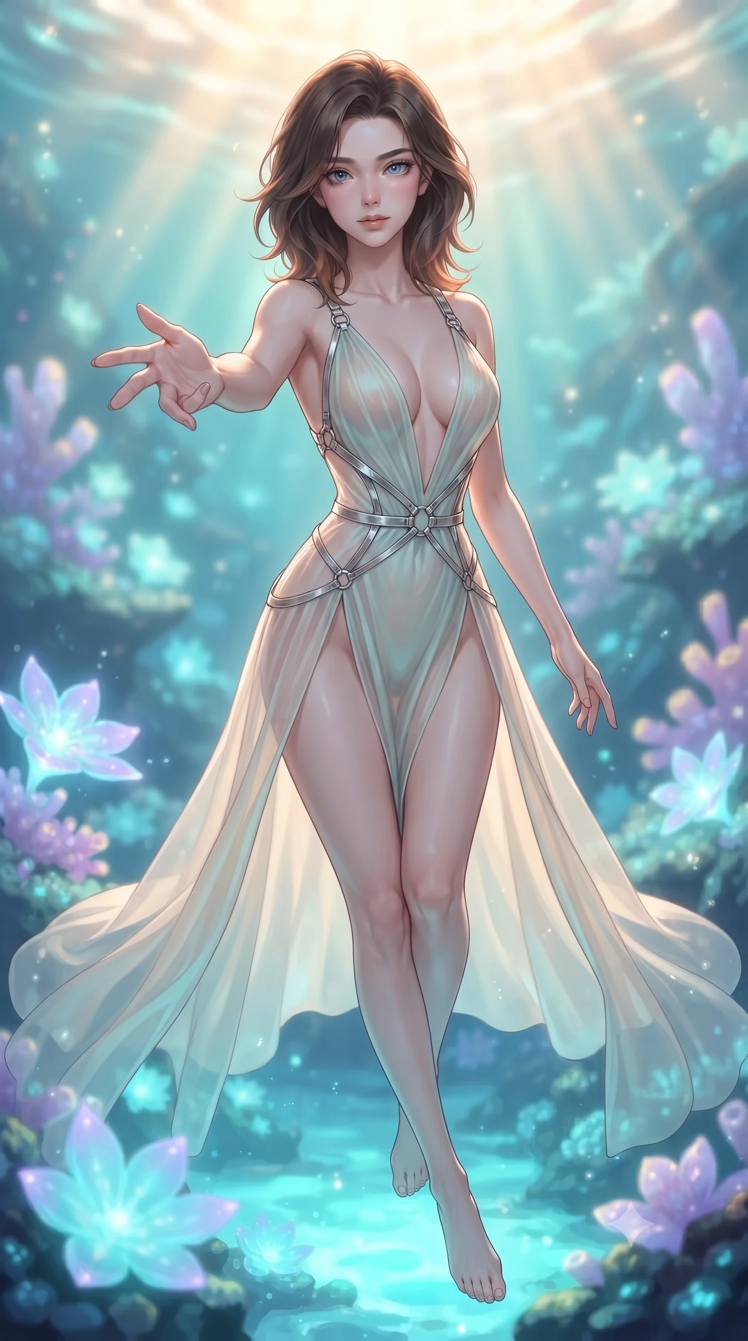 score_9, masterpiece, best quality, ultra-detailed, high-budget anime keyframe, editorial fashion photography, tasteful artistic composition, Korean woman. close-up cowboy shot from the waist and thighs up, the character dominates the composition, filling the frame with her large presence, background elements kept in soft focus. Reaching one hand toward the viewer with relaxed elegance, floating through a sun-drenched underwater sanctuary filled with glowing opal coral, bioluminescent opal coral blossoms emitting soft aqua and lavender light. She has an exceptionally elegant, slender, and willowy female figure with an ultra-slim waist, a gracefully sculpted slender torso, and a refined silhouette. sharp v-shaped jawline, high-bridge nose, intricate jewel-like eyes with depth, thick eyelashes, glossy lips with a natural sheen. wearing deep plunging V-neckline champagne silk gown with daring high thigh slit in pale opal seafoam, made of sheer opal chiffon overlay, highlighted by a platinum metallic harness structure, accentuating her gracefully sculpted slender torso. illuminated by luminous aqua bioluminescence and warm golden top rays. ultra-reflective glossy finish, specular highlights, metallic sheen, high-contrast stereoscopic depth, volumetric dynamic lighting, 2k, ultra detail, master piece, 9:16 ratio