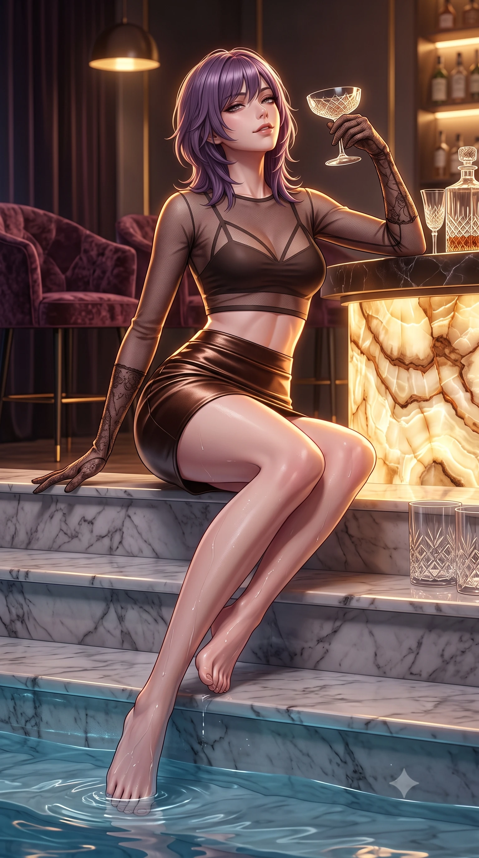 score_9, masterpiece, best quality, ultra-detailed, high-budget anime keyframe, semi-realistic 3D game render, editorial fashion photography, tasteful artistic composition, Japanese woman. low angle full-body shot from head to toe showing her feet, filling the entire 9:16 vertical frame with her statuesque presence, stretching her vertical silhouette. sitting poised on the marble pool stairs with water lapping at her thighs, arching her spine with supermodel elegance as she glances upward through thick eyelashes while leaning against the backlit onyx bar counter with hips cocked back, toying with a crystal coupe while casting a smoldering, heavy-lidded smile. The surrounding environment is rendered in vivid detail and crisp panoramic clarity: sharp crushed velvet pile texture, backlit onyx stone pattern, and cut-crystal glassware facet clarity in deep focus. She has an absolutely perfect, statuesque 8.5-heads proportion, an exceptionally tall and slender model-like female figure with impossibly long slender legs, an ultra-slim waist, a flat toned midriff, narrow delicate ribcage, and beautifully sculpted feminine hips creating a graceful, slim hourglass silhouette without any bulky heaviness. sharp v-shaped jawline, high-bridge nose, sparkling eyes with hypnotic seductive depth, thick curled eyelashes, glossy parted lips with a natural dewy peach sheen, alluring bedroom-eyes with an enchanting coquettish smile, exuding magnetic siren charisma and sophisticated high-fashion glamour, flawlessly proportioned anatomical accuracy, strict slender model proportions, natural body alignment, perfectly sculpted long slender limbs, ultra-slim waistline, clean dynamic posture without body distortion. wearing a sheer mesh long-sleeve crop top over an opaque strappy micro-bralette and a sleek leatherette mini skirt in sultry espresso bronze and metallic copper, tailored from ultra-plush velvet with rich tactile depth and deep shadow gradients, complemented by sheer opera-length lace evening gloves tracing her slender arms, the glove-like clinging cut tightly following the natural contour of her hips and long slender legs with youthful 8.5-heads elegance. illuminated by backlit onyx bar glow and sharp warm-gold rim lights defining her razor-sharp jawline, ultra-slim waist, and curvy hips. highly saturated vibrant anime colors, detailed shading with soft gradients, rich glossy textures, high-contrast stereoscopic depth, volumetric dynamic lighting, master piece, 9:16 ratio