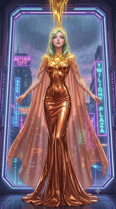score_9, masterpiece, best quality, ultra-detailed, High-budget Anime Keyframe, East Asian woman. Dynamic full-body shot stretching the vertical silhouette to the limit. Scenario 492: standing under a waterfall of liquid gold, the fluid coating her f