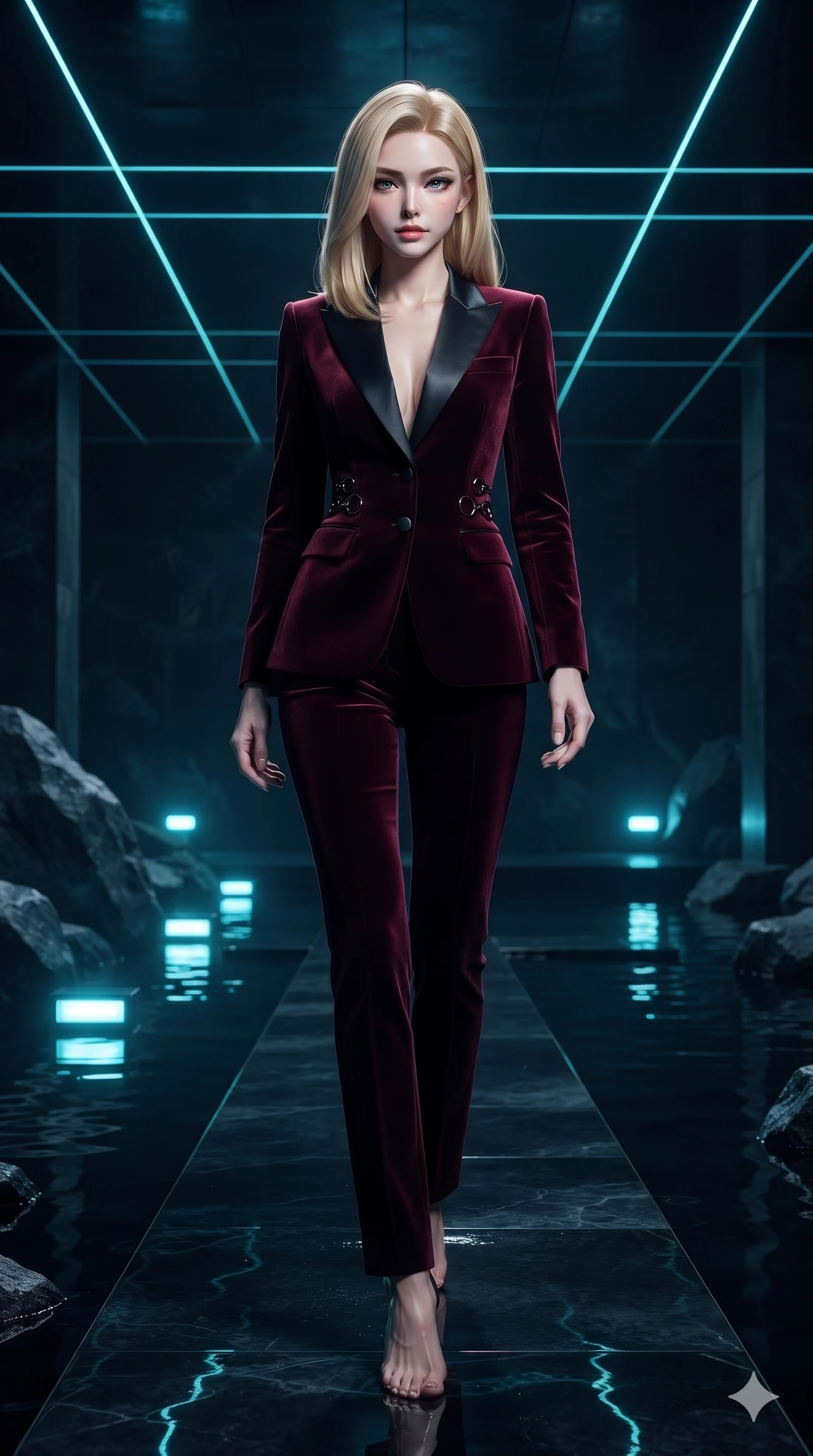 score_9, masterpiece, best quality, ultra-detailed, high-budget anime keyframe, editorial fashion photography, tasteful artistic composition, Korean woman. low angle full-body shot from head to toe showing her feet, filling the entire 9:16 vertical frame with her statuesque presence, stretching her vertical silhouette. poised on the dark reflective floor while laser grids scan the room, her statuesque silhouette commanding the frame while stepping gracefully from stone to stone across the midnight water garden, hips swaying in an alluring sensual rhythm. The surrounding environment is rendered in vivid detail and crisp panoramic clarity: sharp wet basalt rock grain, submerged stainless steel light housings, and pristine water surface reflections in deep focus. She has an absolutely perfect, statuesque 8.5-heads proportion, an exceptionally tall and slender model-like female figure with impossibly long slender legs, an ultra-slim waist, a flat toned midriff, narrow delicate ribcage, and beautifully sculpted feminine hips creating a graceful, slim hourglass silhouette without any bulky heaviness. sharp v-shaped jawline, high-bridge nose, intricate jewel-like dark sparkling eyes with hypnotic seductive depth, thick curled eyelashes, glossy parted lips with a natural wine sheen, alluring bedroom-eyes with an enigmatic smoldering smile, exuding magnetic sovereign charisma and dark avant-garde glamour, flawlessly proportioned anatomical accuracy, strict slender model proportions, natural body alignment, perfectly sculpted long slender limbs, ultra-slim waistline, clean dynamic posture without body distortion. wearing a refined dark velvet pantsuit with satin lapels and tailored cigarette trousers in crimson laser red and cold midnight shadow tones, woven from matte carbon-fiber weave with high-tech structural hold, trimmed with dark chrome ring hardware along the waist contours, accentuating her gracefully sculpted slender torso and statuesque proportions. illuminated by water reflection upward bounce and sharp electric-cyan rim lights defining her razor-sharp jawline, narrow waist, and curvy hips. ultra-reflective glossy finish, specular highlights, metallic sheen, high-contrast stereoscopic depth, volumetric dynamic lighting, 2k, ultra detail, master piece, 9:16 ratio
