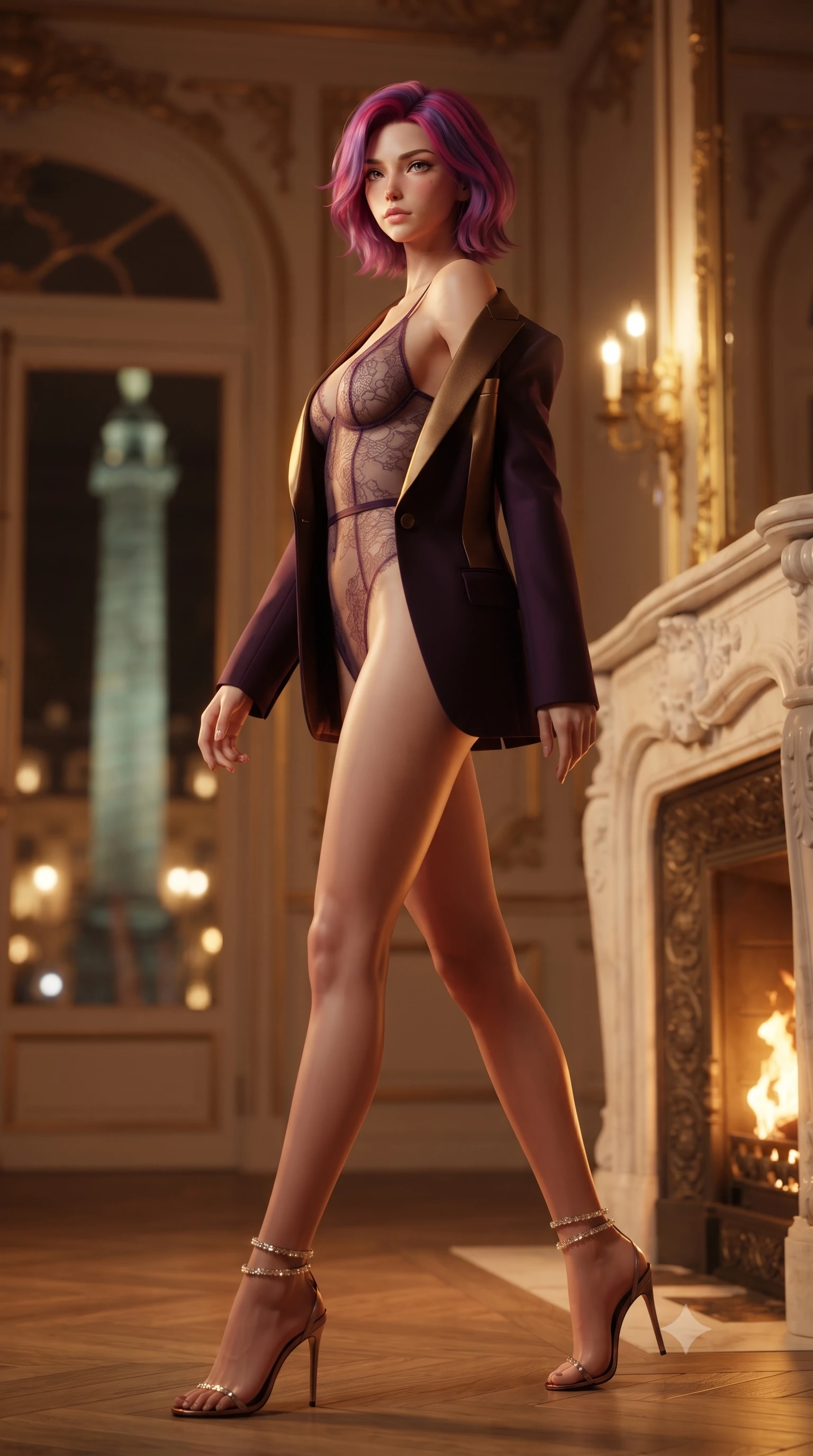 score_9, masterpiece, best quality, ultra-detailed, high-budget anime keyframe, editorial fashion photography, tasteful artistic composition, Caucasian woman. low angle full-body shot from head to toe showing her feet, filling the entire 9:16 vertical frame with her statuesque presence, stretching her vertical silhouette. walking along the terrace with poise, looking back over her bare shoulder with an irresistible smoldering bedroom-gaze while standing poised beside the roaring white Carrara marble fireplace with hips cocked back, looking over a bare shoulder with smoldering bedroom-eyes. The background shows a soft-focus soaring four-meter ceilings, ornate gilded rococo moldings, and the illuminated Vendôme Column through French doors blurred into champagne, amber, and gold bokeh. She has an absolutely perfect, statuesque 8.5-heads proportion, an exceptionally tall and slender model-like female figure with impossibly long slender legs, an ultra-slim waist, a flat toned midriff, narrow delicate ribcage, and beautifully sculpted feminine hips creating a graceful, slim hourglass silhouette without any bulky heaviness. sharp v-shaped jawline, high-bridge nose, sparkling eyes with hypnotic seductive depth, thick curled eyelashes, glossy parted lips with a natural dewy peach sheen, alluring bedroom-eyes with an enchanting coquettish smile, exuding magnetic siren charisma and sophisticated glamour, flawlessly proportioned anatomical accuracy, strict slender model proportions, natural body alignment, perfectly sculpted long slender limbs, ultra-slim waistline, clean dynamic posture without body distortion. wearing a delicate sheer French Chantilly lace teddy layered under an open tailored tuxedo blazer draped over bare shoulders in rich dark plum violet and gilded bronze, tailored from fine structural neoprene with crisp architectural edges and smooth contouring, complemented by strappy stiletto sandals with crystal ankle wraps accentuating her slender calves, the high-slit wrap tailoring accentuating her ultra-slim waistline and the enchanting curve of her feminine hips with alluring seductive charm. bathed in warm 2600K fireplace firelight combined with dim gilded wall sconce radiance. ultra-reflective glossy finish, specular highlights, rich textural contrasts, high-contrast stereoscopic depth, volumetric dynamic lighting, 2k, ultra detail, master piece, 9:16 ratio