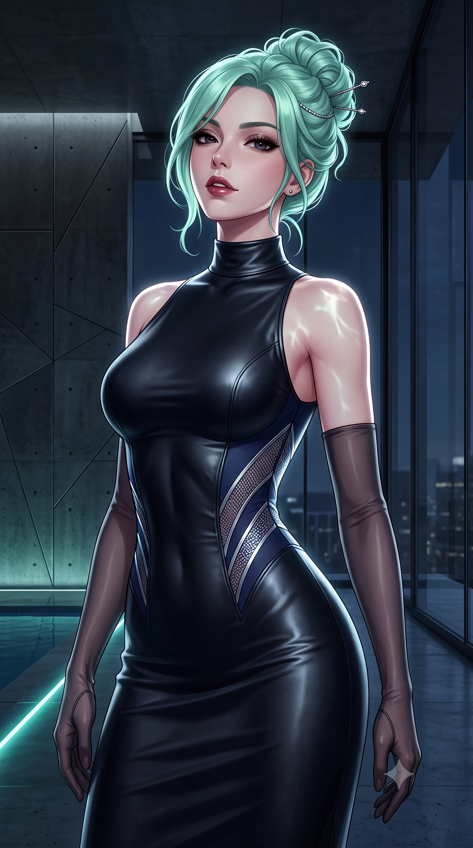score_9, masterpiece, best quality, ultra-detailed, high-budget anime keyframe, semi-realistic 3D game render, editorial fashion photography, tasteful artistic composition, Japanese woman. close-up cowboy shot from the waist and thighs up, the character dominates the composition, filling the frame with her large presence. tilting her chin up slightly with lips parted in a composed, sovereign expression, her body curving in an alluring S-line that accentuates her hip contour while twisting her slender torso in an alluring S-curve, water caustics and moonlight playing across her narrow waist and rounded feminine hips. The surrounding environment is rendered in vivid detail and crisp panoramic clarity. detailed evening dress drape, moonlight sheen on skin, and modern brutalist-luxury chamber clarity in high resolution. She has an exceptionally elegant, slender, and willowy female figure with an ultra-slim waist, flat toned midriff, narrow ribcage, and sculpted feminine hips creating an alluring, slim hourglass silhouette without bulk. sharp v-shaped jawline, high-bridge nose, intricate jewel-like dark sparkling eyes with dangerous depth, thick curled eyelashes, glossy parted lips with a rich wine sheen, smoldering seductive half-smile with bedroom-eyes, exuding effortless superiority and intoxicating dark allure, flawlessly proportioned anatomical accuracy, strict slender model proportions, natural body alignment, perfectly sculpted long slender limbs, ultra-slim waistline, clean dynamic posture without body distortion. wearing a high-neck sleeveless bodycon dress in textured matte obsidian with side-torso semi-sheer mesh inserts in midnight sapphire navy and chrome silver, made of supple butter-soft lambskin leather with a subtle satin sheen, complemented by sheer dark opera gloves reaching past her elbows, the high-waisted tailoring accentuating her ultra-slim waistline and the enchanting curve of her feminine hips with alluring dark charm. illuminated by subtle underwater fiber-optic perimeter lights and crisp platinum rim lighting sharply carving her slim torso, narrow waist, and curvy hips. highly saturated vibrant anime colors, detailed shading with soft gradients, rich glossy textures, high-contrast stereoscopic depth, volumetric dynamic lighting, master piece, 9:16 ratio