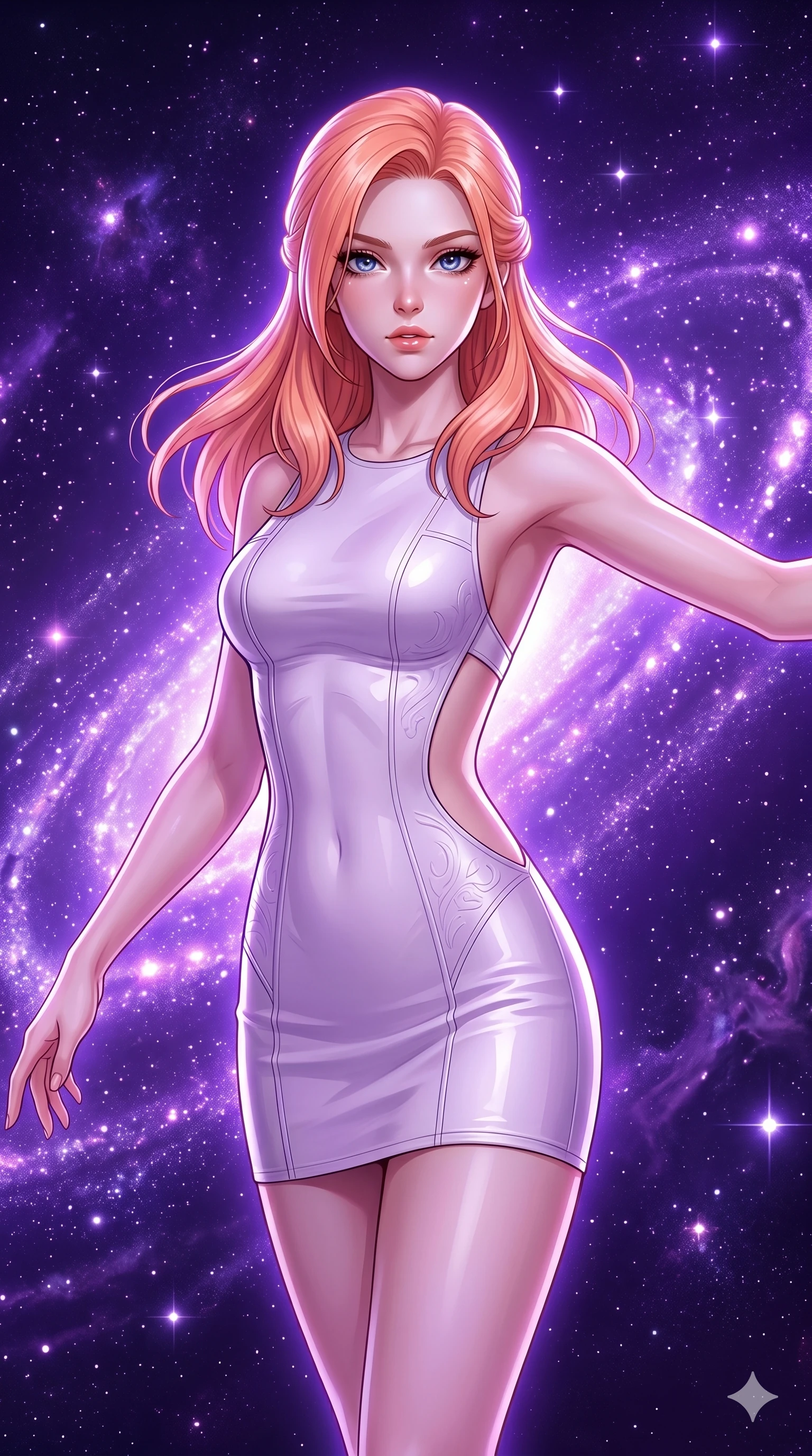 score_9, masterpiece, best quality, ultra-detailed, high-budget anime keyframe, Japanese woman. Upper body close-up from the thighs up, character filling the screen for maximum presence. She is floating weightlessly inside a brilliant violet galaxy, surrounded by swirling cosmic dust rings. She spreads her arms in a graceful flying pose, looking toward the camera. She has an absolutely perfect 8-heads proportion, an exceptionally tall and slender female figure with impossibly long slender legs and an ultra-slim waist. V-shaped jawline, high-bridge nose, intricate jewel-like eyes with depth, thick eyelashes, glossy lips with a natural sheen. She is wearing a second-skin fashion-latex mini dress with a clean architectural front, featuring an open-back design that wraps around the sides of her waist, showcasing her slender silhouette. The scene is bathed in brilliant purple starlight and a sharp white front key light highlighting her details. 2k, ultra detail, master piece, 9:16 ratio