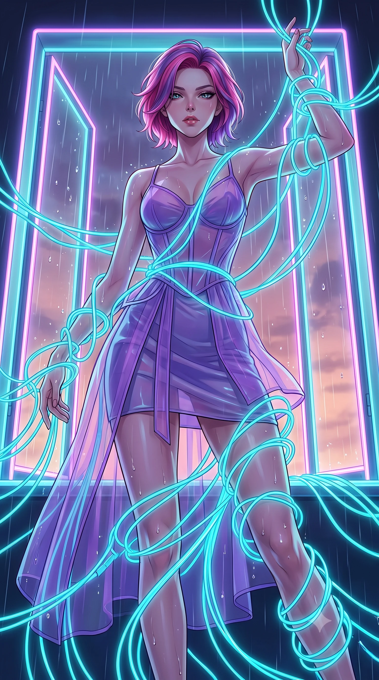 score_9, masterpiece, best quality, ultra-detailed, High-budget Anime Keyframe, Caucasian woman, strictly human ears. Low angle cowboy shot filling the entire 9:16 frame with her statuesque presence. Scenario 513: tangled in a web of glowing cyan fiber-optic cables inside a glowing neon window at twilight with soft rain falling. Her presence is magnetic and overpowering in this high-budget anime scene. Outfit 513: a tailored neon violet sheer organza corset dress featuring layered translucent panels over a sleek slip dress. The clothing is designed to emphasize her exceptionally tall and slender 8-heads proportion. 8-heads proportion, towering silhouette, ultra-slim waist. sharp v-shaped jawline, intricate jewel-like eyes with depth, thick eyelashes, glossy lips. 2k, ultra detail, master piece, 9:16 ratio