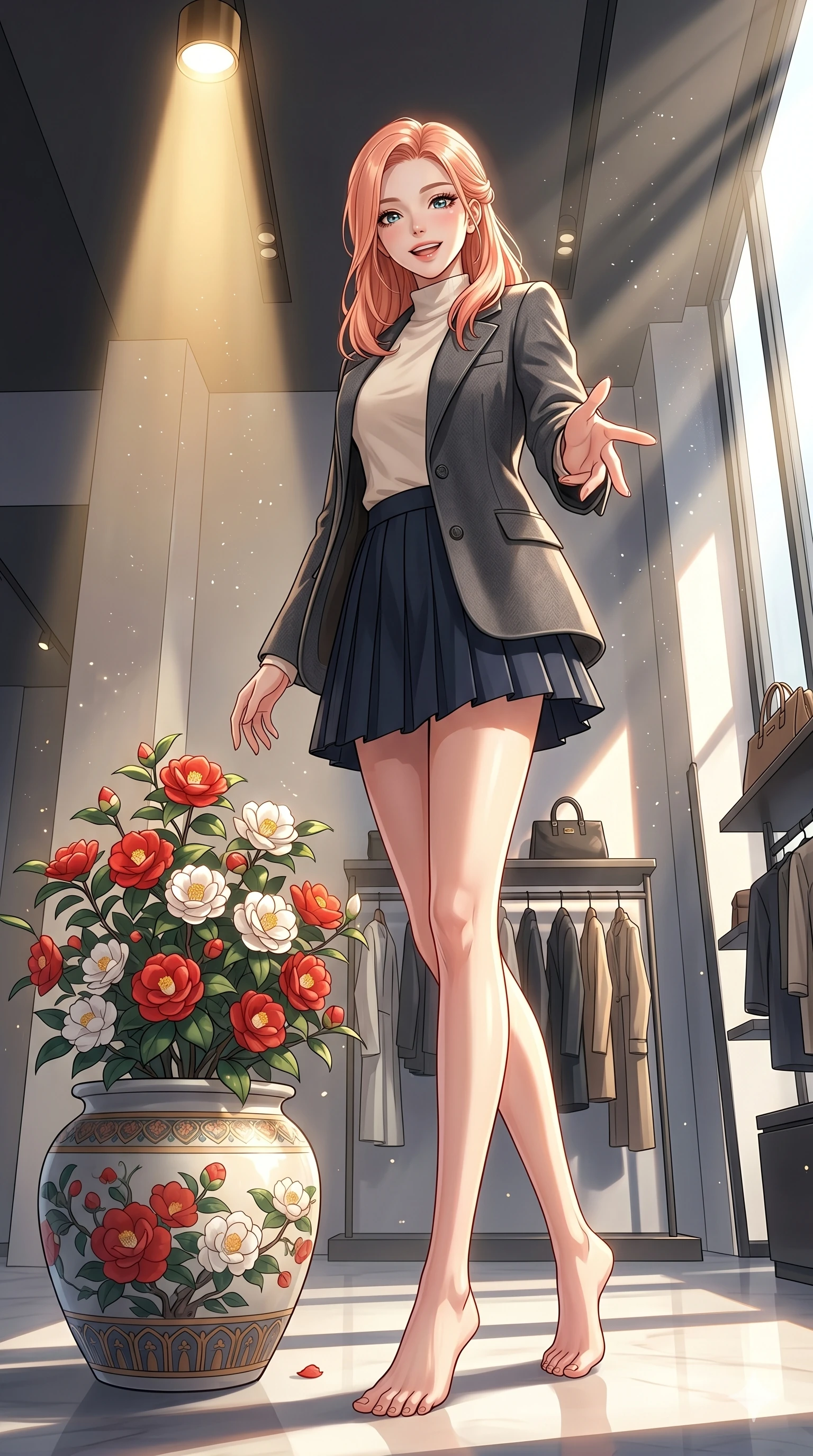 score_9, masterpiece, best quality, ultra-detailed, high-budget anime keyframe, vibrant anime aesthetic, Japanese woman. low angle full-body shot from head to toe showing her feet, filling the entire 9:16 vertical frame with her statuesque presence, stretching her vertical silhouette. She is standing by a camellia pot, smiling brightly while reaching out a hand playfully inside a high-fashion winter showroom room with warm gold spotlights (Code-P21-014). She has an absolutely perfect 8-heads proportion, an exceptionally tall and slender female figure with impossibly long slender legs and an ultra-slim waist. V-shaped jawline, high-bridge nose, intricate jewel-like eyes with depth, thick eyelashes, glossy lips with a natural sheen. wearing a structured designer jacket over a high-neck cotton top and pleated skirt. She is illuminated by bright, direct sunbeams in a photography studio, creating clean outlines. 2k, ultra detail, master piece, 9:16 ratio
