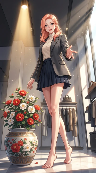 score_9, masterpiece, best quality, ultra-detailed, high-budget anime keyframe, vibrant anime aesthetic, Japanese woman. low angle full-body shot from head to toe showing her feet, filling the entire 9:16 vertical frame with her statuesque presence, 