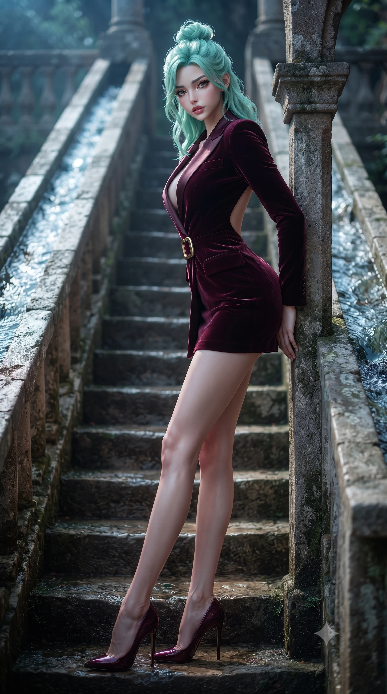score_9, masterpiece, best quality, ultra-detailed, high-budget anime keyframe, editorial fashion photography, tasteful artistic composition, Japanese woman. low angle full-body shot from head to toe showing her feet, filling the entire 9:16 vertical frame with her statuesque presence, stretching her vertical silhouette. leaning deep against the structural architecture with hips cocked in an unapologetically bold, seductive high-fashion stance while descending the ancient stone staircase with channels of mountain water flowing through the handrails, arching her back with sovereign supermodel grace. The composition keeps background elements in soft focus with creamy bokeh. gliding water channels in the stone balustrades softened in romantic Moorish shallow focus. She has an exceptionally tall and slender model-like 8.5-heads proportion, an ultra-slim waist, a flat toned midriff, narrow delicate ribcage, and beautifully sculpted feminine hips creating a graceful, slim hourglass silhouette without any bulky heaviness, with impossibly long slender legs. sharp v-shaped jawline, high-bridge nose, intricate jewel-like eyes with depth, thick eyelashes, glossy parted lips with a natural sheen, intensely captivating and seductive bedroom-eyes expression, flawlessly proportioned anatomical accuracy, strict slender model proportions, natural body alignment, perfectly sculpted long slender limbs, ultra-slim waistline, clean dynamic posture without body distortion. wearing a tailored velvet tuxedo jacket dress with satin lapels, worn with a deep plunge neckline and gold hip buckle in deep wine burgundy and brushed dark platinum, crafted from heavyweight crushed silk velvet with liquid vintage luster, complemented by a bold geometric choker and sparkling cocktail ring, the dramatically scooped open back descending to the base of her spine, accentuating her razor-sharp statuesque lines and slim hourglass silhouette. illuminated by cool water surface specular reflections sharply defining her razor-sharp jawline, narrow waist, and curvy hips. ultra-reflective glossy finish, specular highlights, rich textural contrasts, high-contrast stereoscopic depth, volumetric dynamic lighting, 2k, ultra detail, master piece, 9:16 ratio