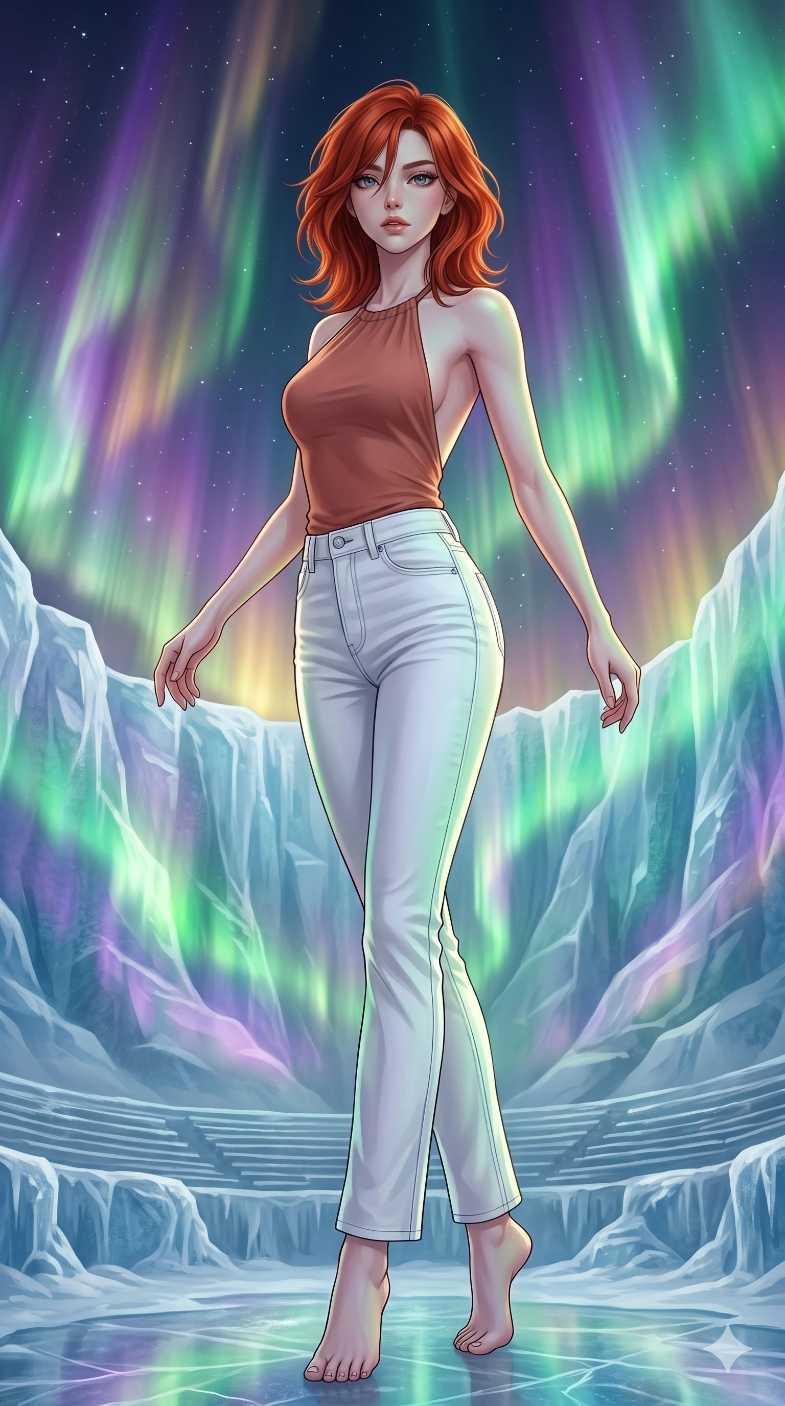 score_9, masterpiece, best quality, ultra-detailed, high-budget anime keyframe, editorial fashion photography, tasteful artistic composition, Korean woman. low angle full-body shot from head to toe showing her feet, filling the entire 9:16 vertical frame with her statuesque presence, stretching her vertical silhouette. twirling with balletic elegance inside a natural ice amphitheater on a frozen planet where magnificent plasma auroras form a living curtain of green violet and gold serving as an ever-shifting cosmic stage backdrop. She has a statuesque 8.5-heads proportion, an exceptionally tall, slender and willowy model-like build with impossibly long legs and a highly sculpted ultra-slim waist. sharp v-shaped jawline, high-bridge nose, intricate jewel-like eyes with depth, thick eyelashes, glossy lips with a natural sheen. wearing a backless halter-neck top in muted terracotta, paired with high-waisted white denim trousers. the aurora overhead casts shifting curtains of emerald green electric violet and solar gold light that sweep across the ice surfaces creating dynamic color-changing illumination. 2k, ultra detail, master piece, 9:16 ratio