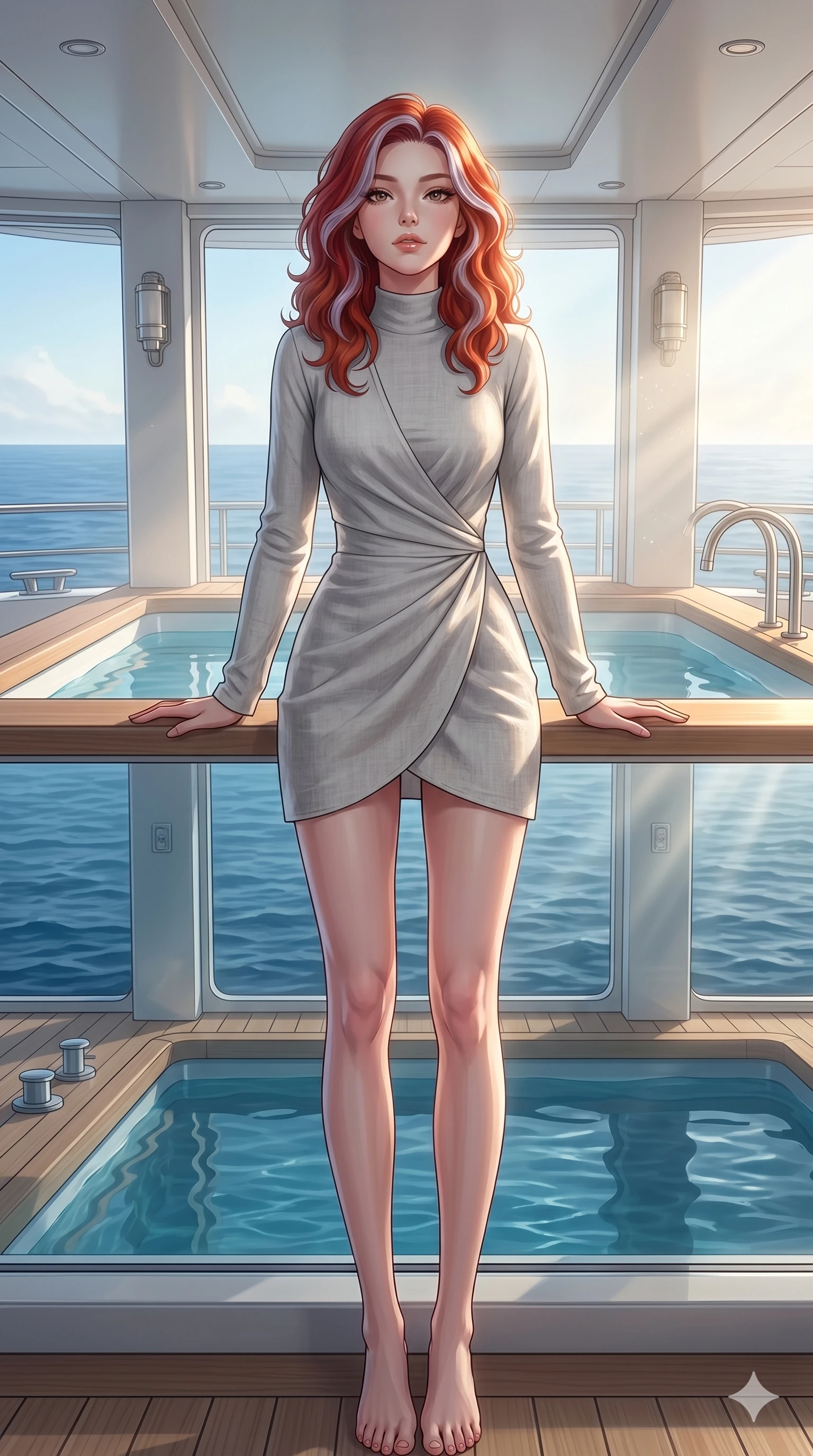 score_9, masterpiece, best quality, ultra-detailed, high-budget anime keyframe, editorial fashion photography, tasteful artistic composition, Caucasian woman, strictly human ears. low angle full-body shot from head to toe showing her feet, filling the entire 9:16 vertical frame with her statuesque presence, stretching her vertical silhouette. resting her arms on the warm pool ledge, tilting her chin up with a relaxed, composed expression on a private yacht cabin deck with open windows showing the blue ocean (Code-P19-028). She has an absolutely perfect 8-heads proportion, an exceptionally tall and slender female figure with impossibly long slender legs and an ultra-slim waist. V-shaped jawline, high-bridge nose, intricate jewel-like eyes with depth, thick eyelashes, glossy lips with a natural sheen. wearing a modern high-neck fusion wrap dress with long sleeves in light grey organic linen. bathed in soft morning sunbeams filtered through the sea mist, creating a soft glowing aura. 2k, ultra detail, master piece, 9:16 ratio