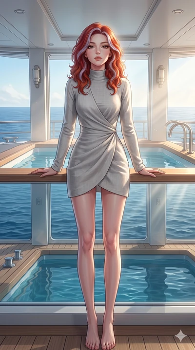 score_9, masterpiece, best quality, ultra-detailed, high-budget anime keyframe, editorial fashion photography, tasteful artistic composition, Caucasian woman, strictly human ears. low angle full-body shot from head to toe showing her feet, filling th