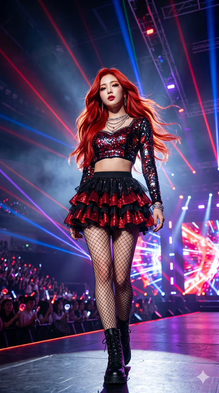 score_9, masterpiece, best quality, ultra-detailed, highly detailed CG unity 8k render, an incredibly beautiful Korean woman. Dynamic low angle shot filling the frame. She has an absolutely perfect 8-heads proportion, an exceptionally tall female figure with a delicate skinny figure. Her face is a highly detailed masterpiece featuring a v-shaped jawline, high-bridge nose, intricate jewel-like eyes, thick eyelashes, and glossy lips. She has vibrant red flowing hair. She is wearing a seductive high-cut idol stage costume covered in sparkling sequins, ruffled mini skirt, highlighting her alluring silhouette. Massive concert stage, vivid laser lights, dramatic rim lighting, cinematic shadows, 2k, ultra detail, master piece, 9:16 ratio