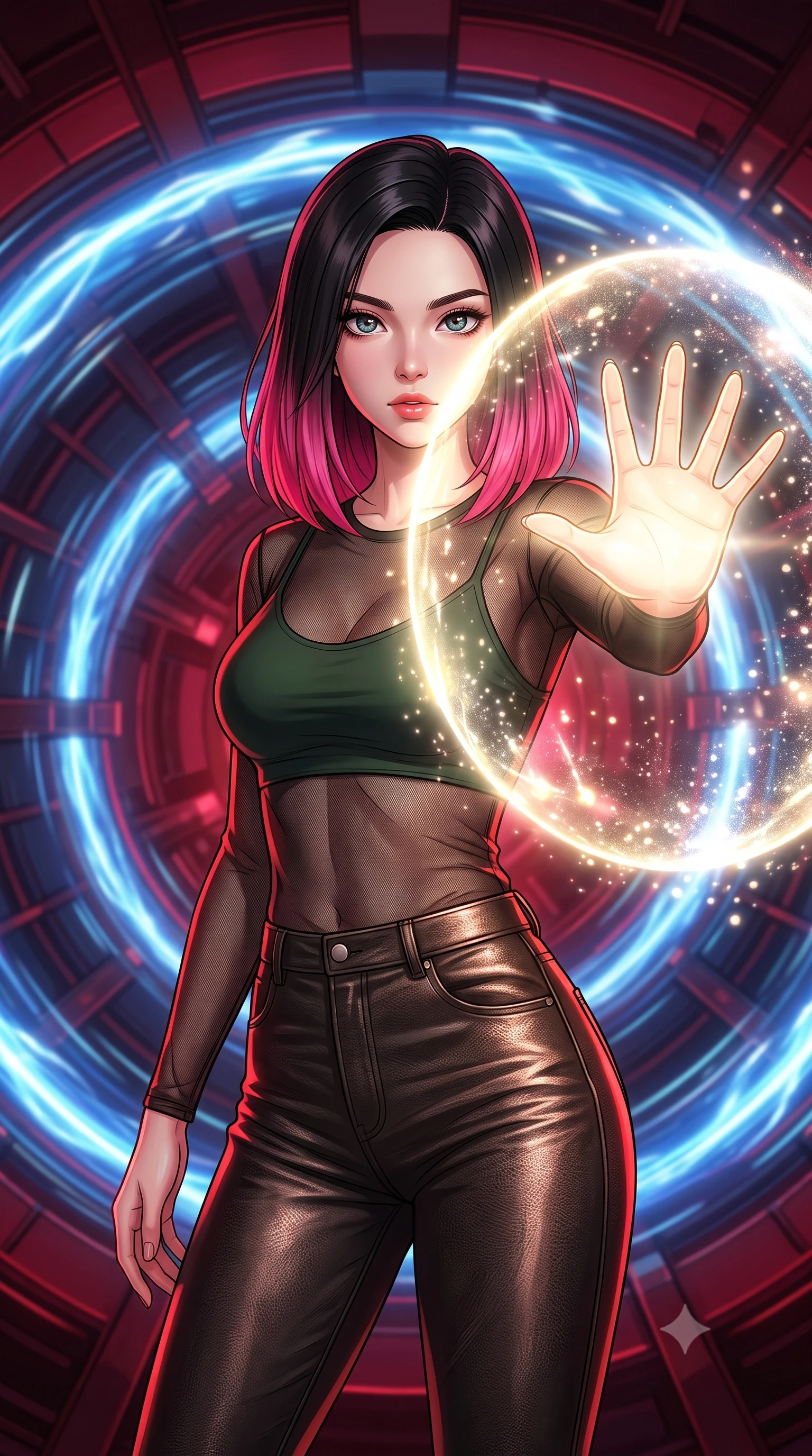 score_9, masterpiece, best quality, ultra-detailed, high-budget anime keyframe, clean line-art, cel-shading, Korean woman. close-up cowboy shot from the waist and thighs up, the character dominates the composition, filling the frame with her large presence, background elements kept in soft focus. Casting a protective shield, her face illuminated by the bright barrier glow. set against a soft-focus background of a circular platform suspended inside a particle accelerator, ringed by blue plasma tubes spinning at near-light speed. She has an exceptionally elegant and slender, willowy female figure with an ultra-slim waist, a gracefully sculpted slender torso, and a refined slim physique. sharp v-shaped jawline, high-bridge nose, intricate jewel-like eyes with depth, thick eyelashes, glossy lips with a natural sheen. wearing catching and diffusing the glowing particles, shimmering softly in response to the surrounding light, a slim-fit transparent black mesh top over a fitted dark green tank top, paired with high-waisted leather trousers. deep crimson theatrical lighting with sharp specular highlights on every curve. highly saturated vibrant anime colors, intense vivid color palette, volumetric dynamic lighting, 2k, ultra detail, master piece, 9:16 ratio