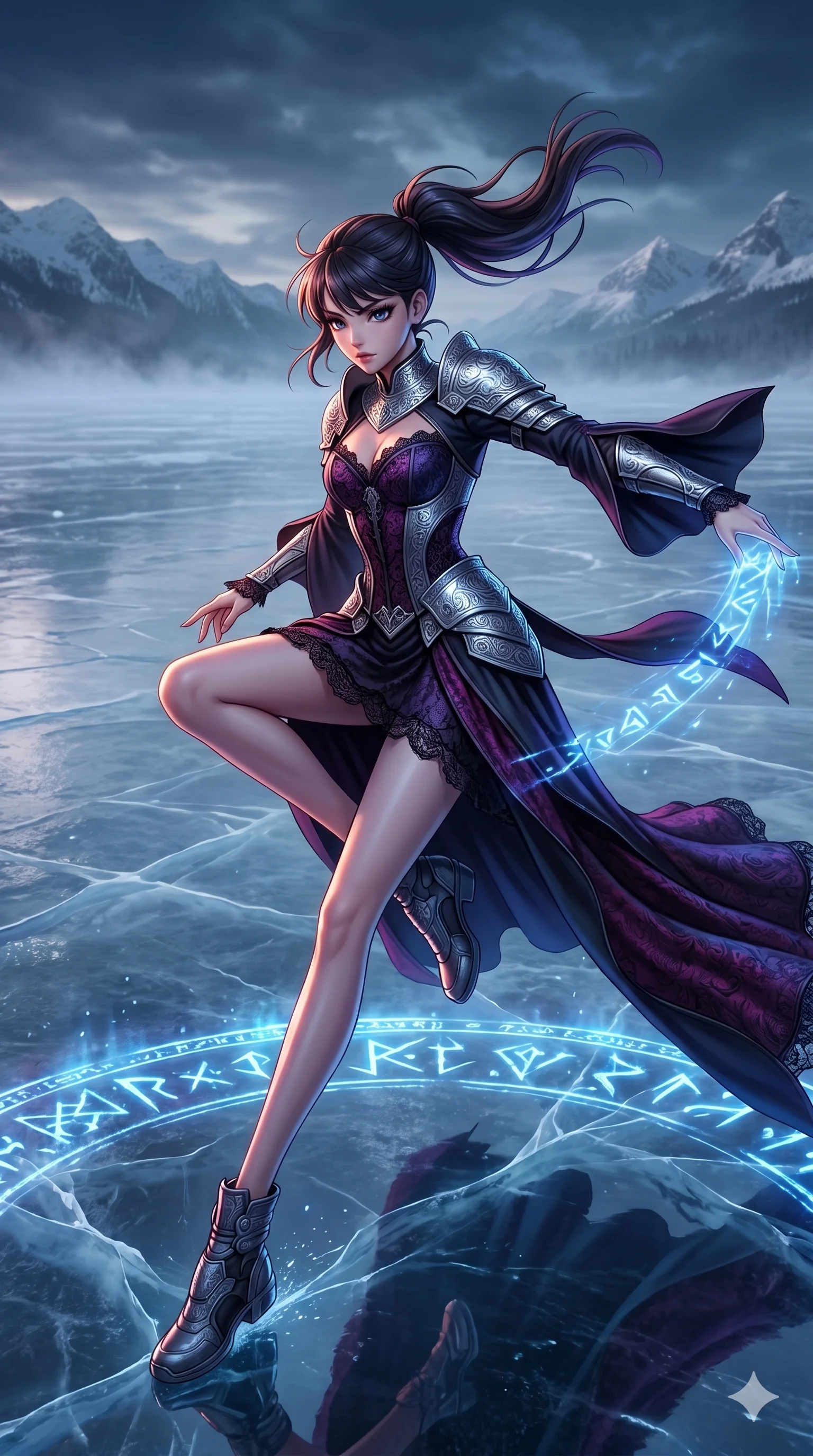 score_9, masterpiece, best quality, ultra-detailed, semi-realistic 3D game render, high-fidelity textures, Unreal Engine 5 style, Korean woman. Dynamic full-body shot stretching the vertical silhouette with extreme perspective. gliding across a frozen lake while drawing runes on the ice. She has an absolutely perfect 8-heads proportion, an exceptionally tall and slender female figure with an ultra-slim waist and impossibly long slender legs. strictly human anatomy, two legs only, no extra limbs, clearly defined legs and arms, perfect anatomy, perfect hands and fingers. sharp v-shaped jawline, high-bridge nose, intricate jewel-like eyes, thick eyelashes, glossy lips. Wearing Dark Fantasy: Gothic lace corset gown, bell-sleeved sorceress robes, and engraved silver plate armor over silk. The scene is illuminated by dramatic atmospheric lighting and vibrant color palettes. , 2k, ultra detail, master piece, 9:16 ratio