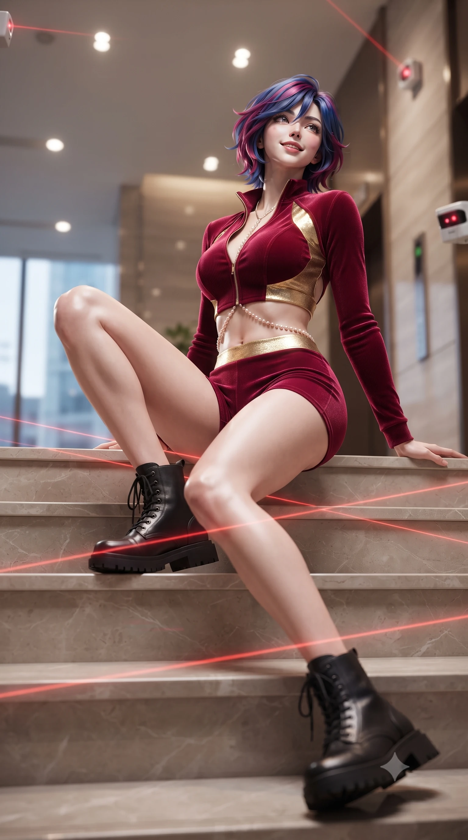 score_9, masterpiece, best quality, ultra-detailed, high-budget anime keyframe, editorial fashion photography, tasteful artistic composition, Korean woman. low angle full-body shot from head to toe showing her feet, filling the entire 9:16 vertical frame with her statuesque presence, stretching her vertical silhouette. sitting poised on the stone steps with one knee bent, arching her spine with supermodel elegance as she glances upward through thick eyelashes while stepping over invisible infrared tripwire sensors with high-fashion dancer poise, arching her spine with sovereign cat-burglar grace. The background shows a soft-focus laser security sensor housings softened in luxury high-rise shallow focus. She has an absolutely perfect, statuesque 8.5-heads proportion, an exceptionally tall and slender model-like female figure with impossibly long slender legs, an ultra-slim waist, a flat toned midriff, narrow delicate ribcage, and beautifully sculpted feminine hips creating a graceful, slim hourglass silhouette without any bulky heaviness. sharp v-shaped jawline, high-bridge nose, sparkling eyes with hypnotic seductive depth, thick curled eyelashes, glossy parted lips with a natural dewy peach sheen, alluring bedroom-eyes with an enchanting coquettish smile, exuding magnetic siren charisma and sophisticated glamour, flawlessly proportioned anatomical accuracy, strict slender model proportions, natural body alignment, perfectly sculpted long slender limbs, ultra-slim waistline, clean dynamic posture without body distortion. wearing a modern two-piece tactical siren set featuring a zip-front bolero jacket and curve-hugging compression hot-pants in royal opera house crimson velvet and shimmering gold leaf, tailored from fine ribbed modal knit with gentle elastic contouring and soft hand-feel, accented with a pearl-drop body harness subtly framing her dewy collarbones and spine, the precision-cut side openings and low-back scoop framing her graceful spine and the sensual sweep of her slim, toned hips. illuminated by glass window reflection bounce and sharp platinum rim lights sculpting her jawline, ultra-slim waist, and curvy hips. ultra-reflective glossy finish, specular highlights, rich textural contrasts, high-contrast stereoscopic depth, volumetric dynamic lighting, 2k, ultra detail, master piece, 9:16 ratio